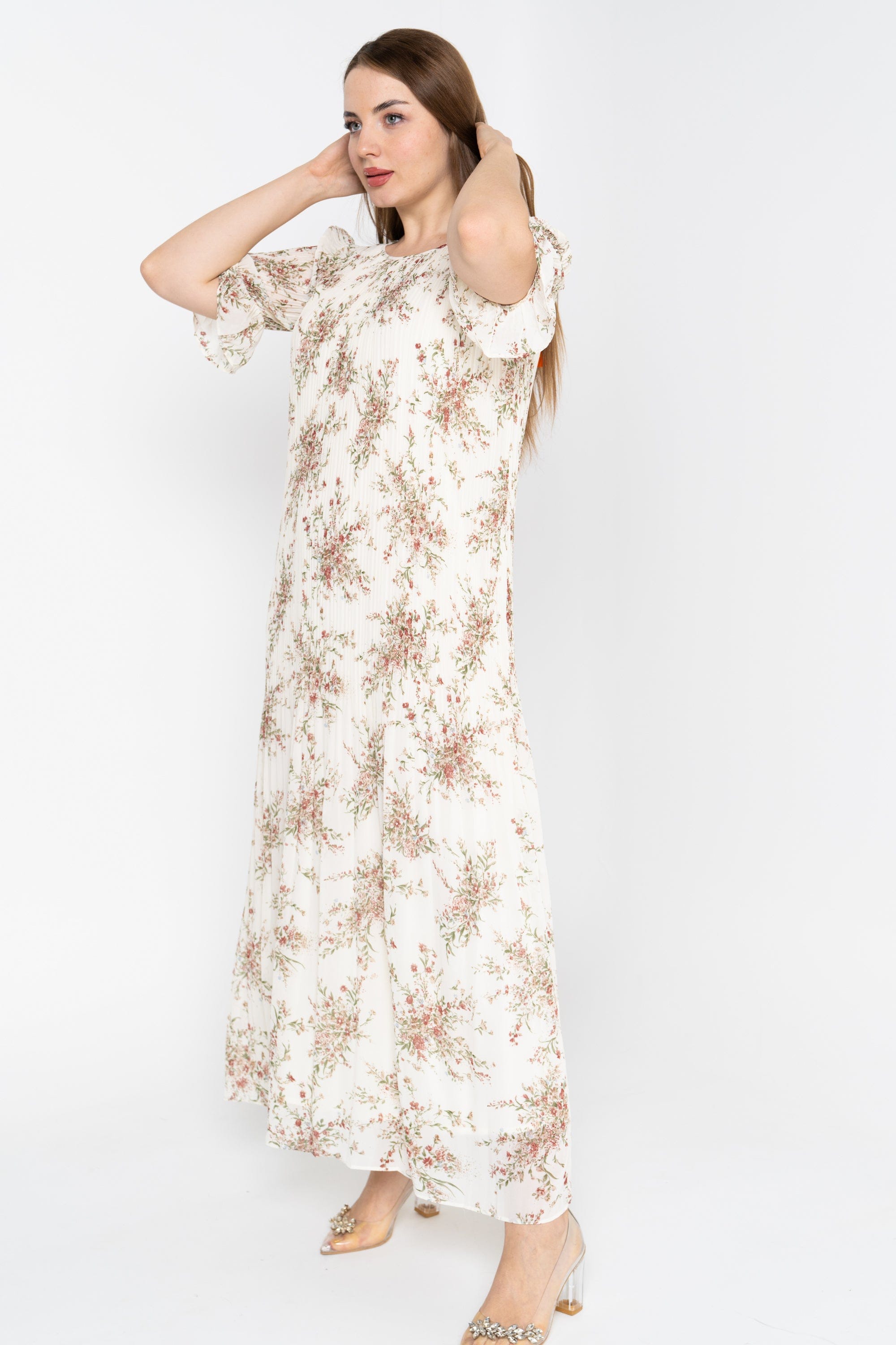 نتشي فستان ماكسي 3/4 كم مورد برقبة دائرية