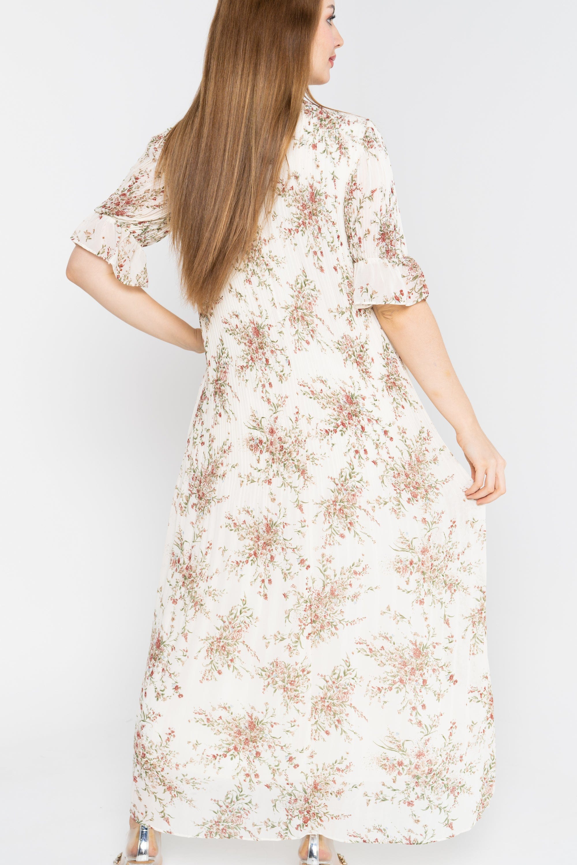 نتشي فستان ماكسي 3/4 كم مورد برقبة دائرية