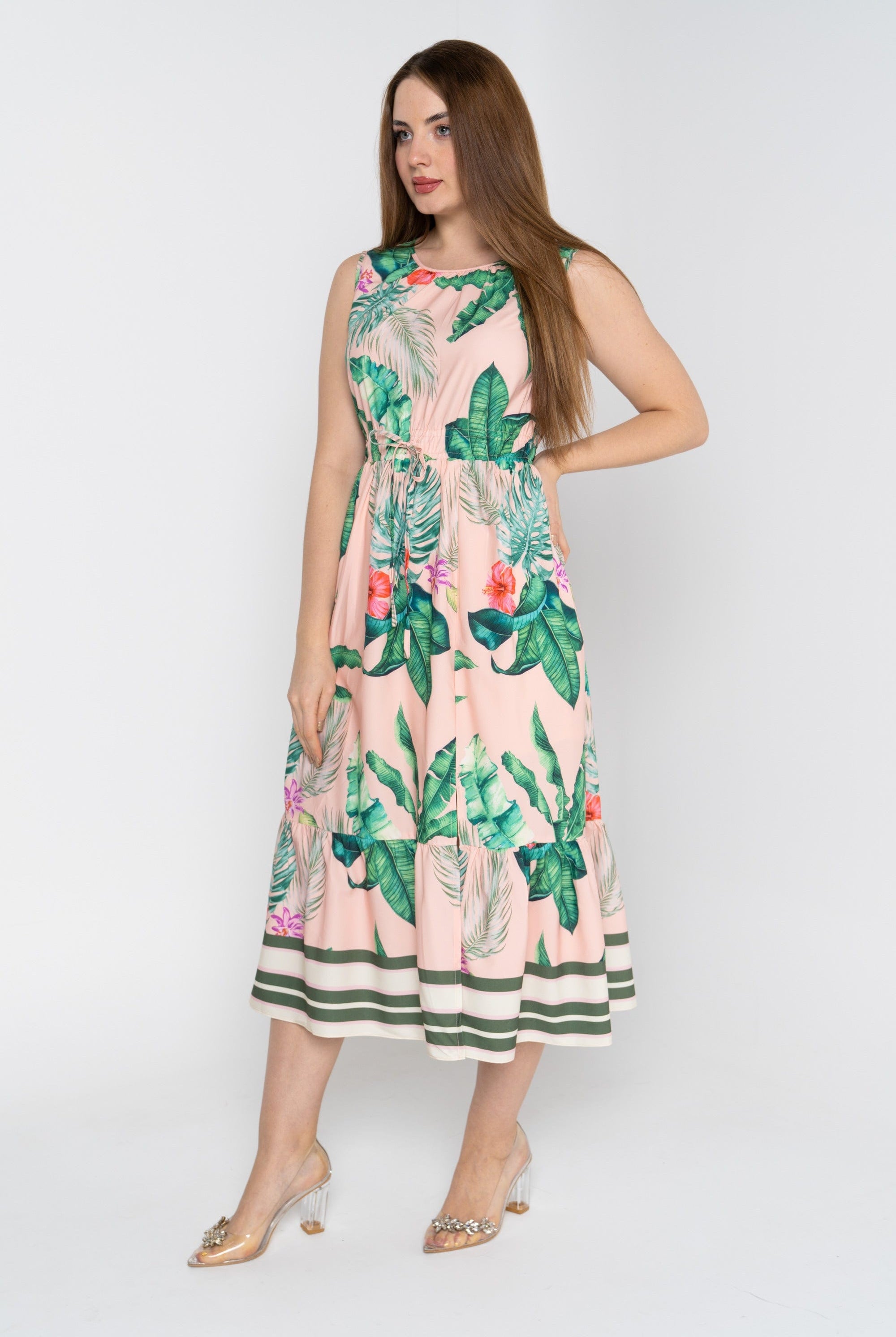 نتشي فستان ميدي بدون أكمام مشجر