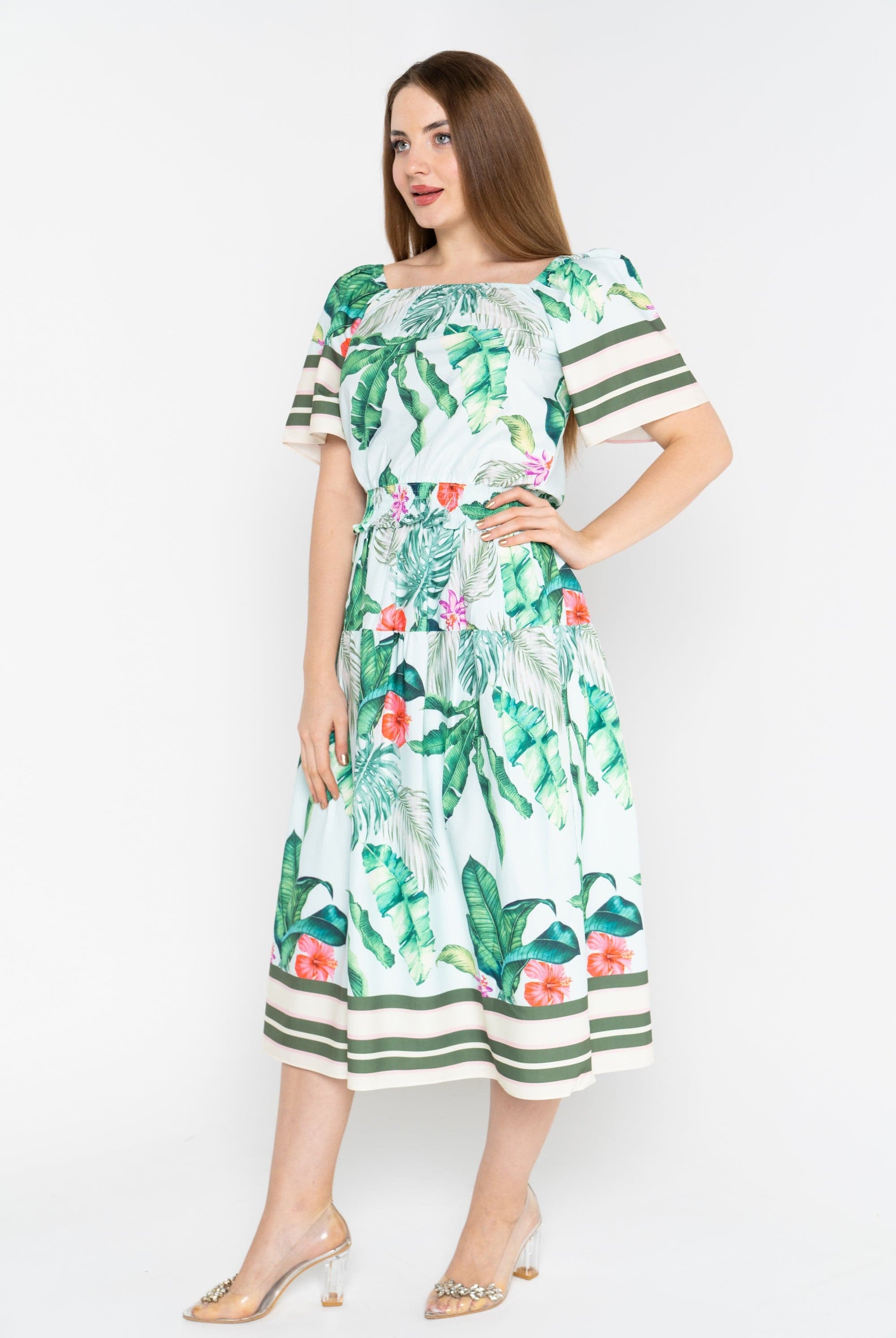 نتشي تنورة ميدي مشجرة بخصر مرتفع