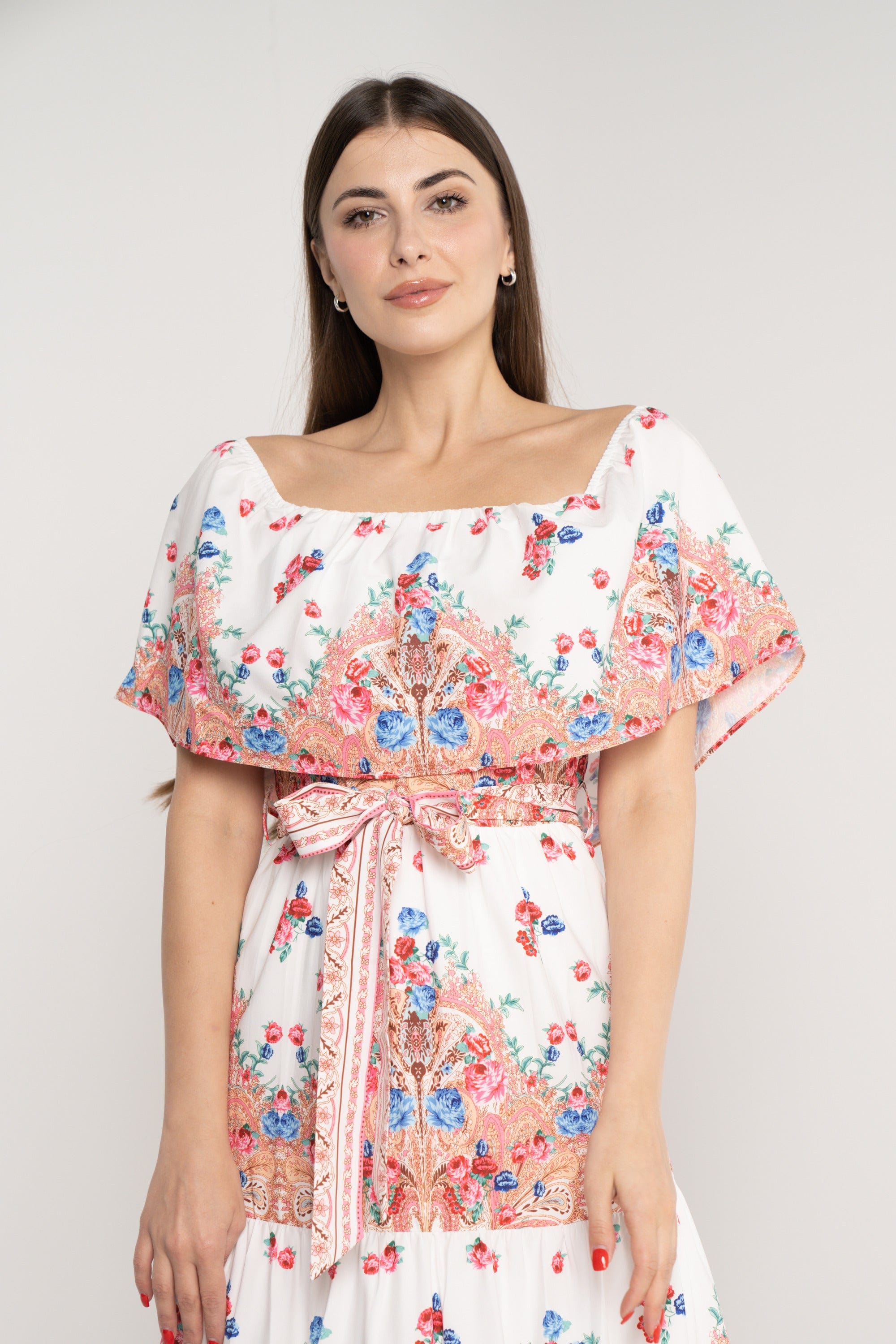 نتشي فستان ماكسي منقوش مخصر بحزام كم قصير وفتحة صدر مربعة ازرق/زهري