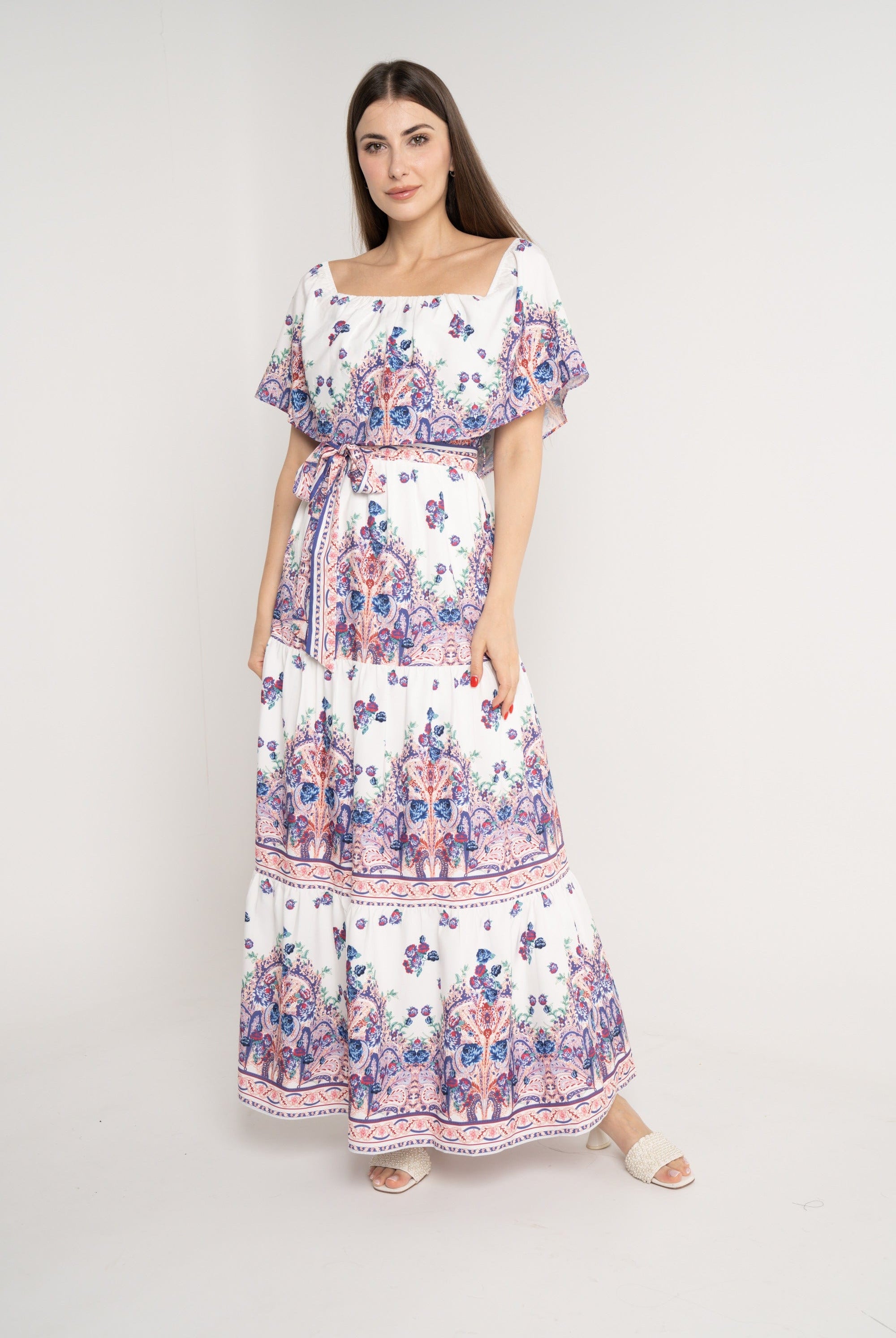 نتشي فستان ماكسي منقوش مخصر بحزام كم قصير وفتحة صدر مربعة ازرق/زهري