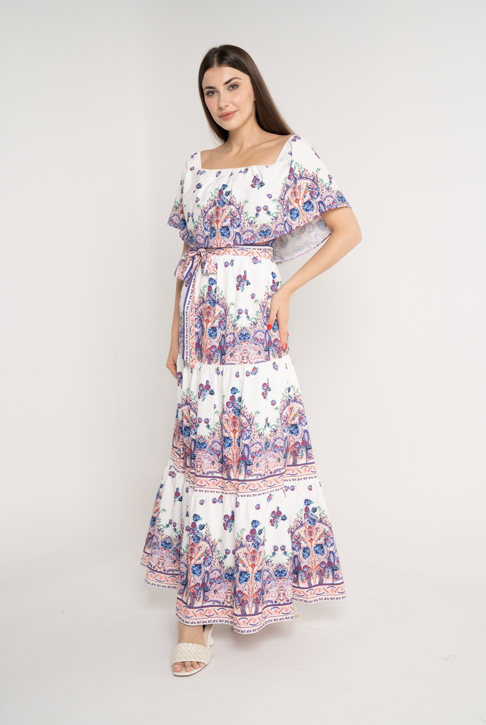 نتشي فستان ماكسي منقوش مخصر بحزام كم قصير وفتحة صدر مربعة ازرق/زهري