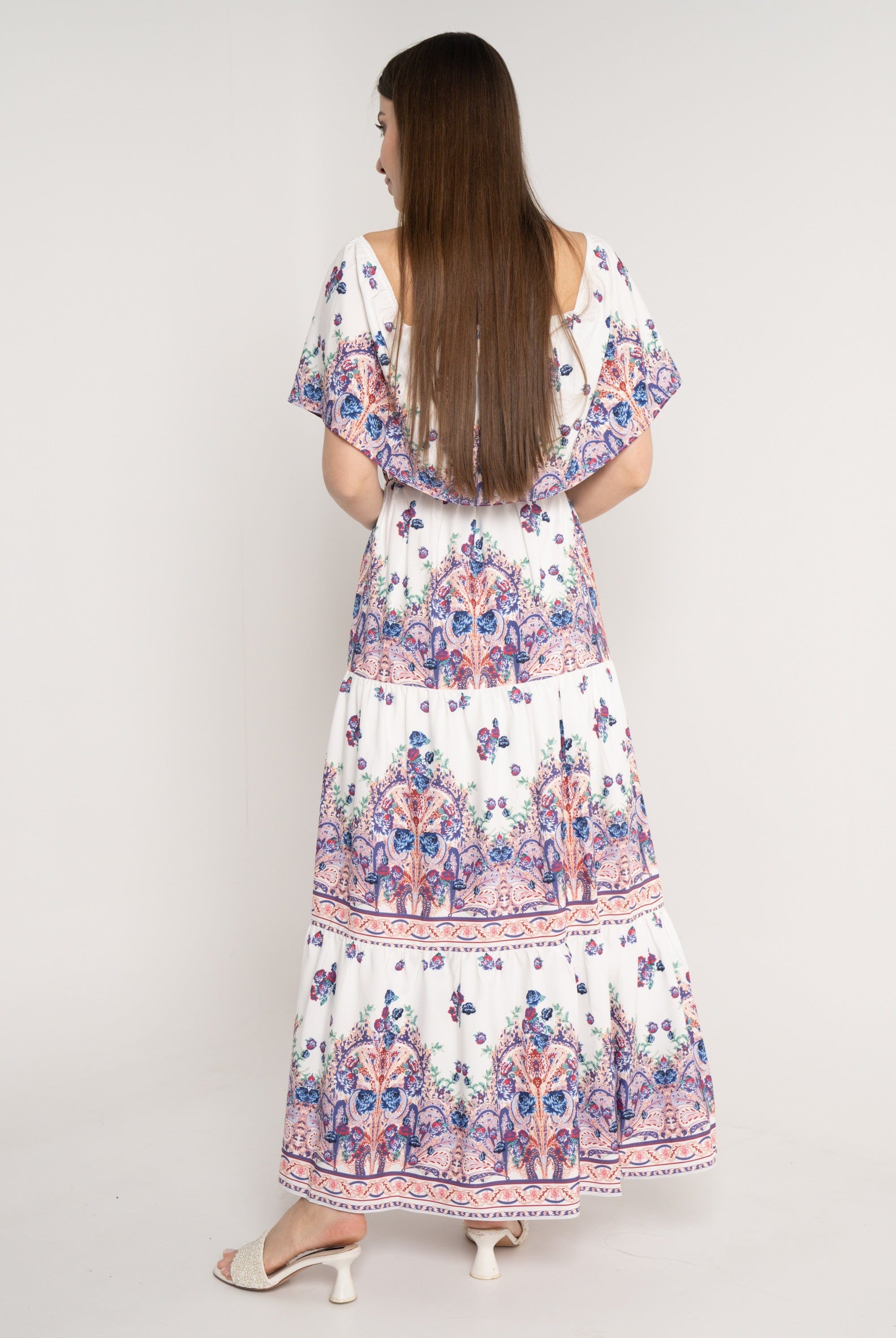 نتشي فستان ماكسي منقوش مخصر بحزام كم قصير وفتحة صدر مربعة ازرق/زهري