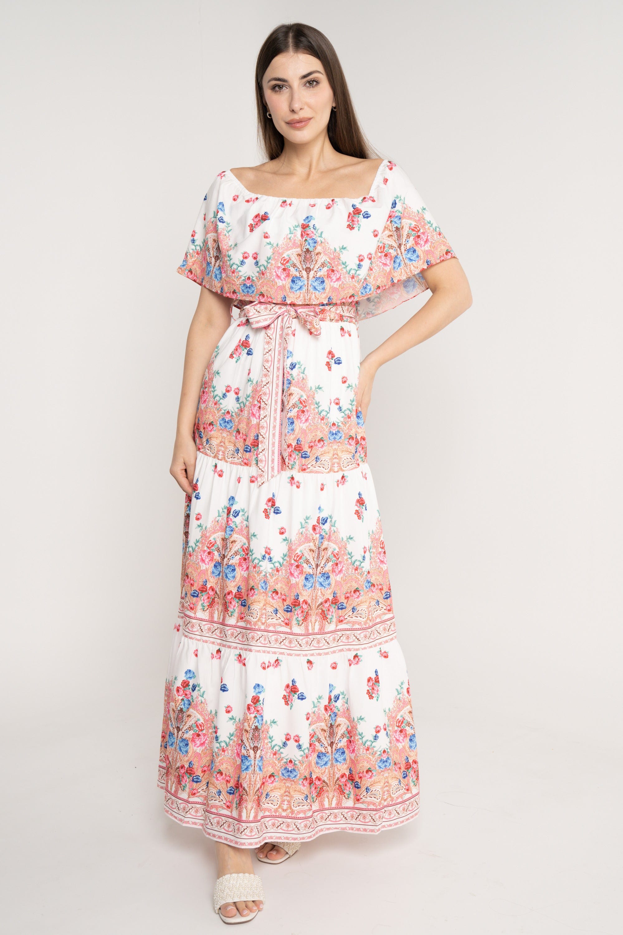 نتشي فستان ماكسي منقوش مخصر بحزام كم قصير وفتحة صدر مربعة ازرق/زهري