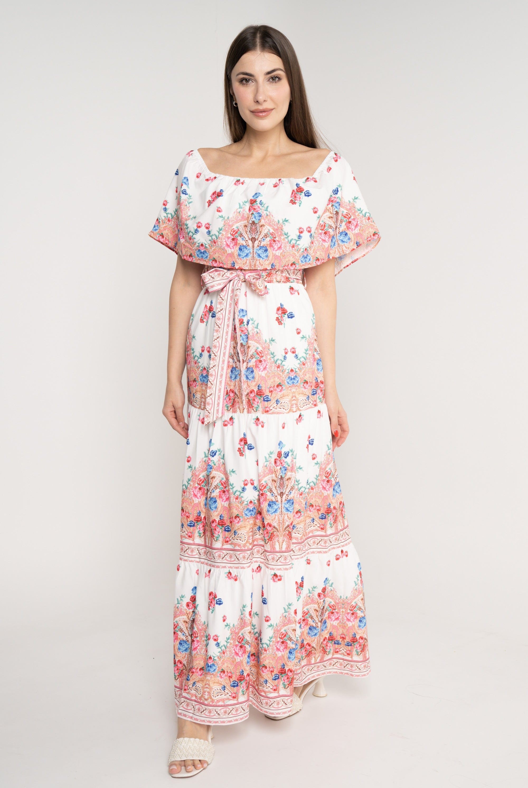 نتشي فستان ماكسي منقوش مخصر بحزام كم قصير وفتحة صدر مربعة ازرق/زهري