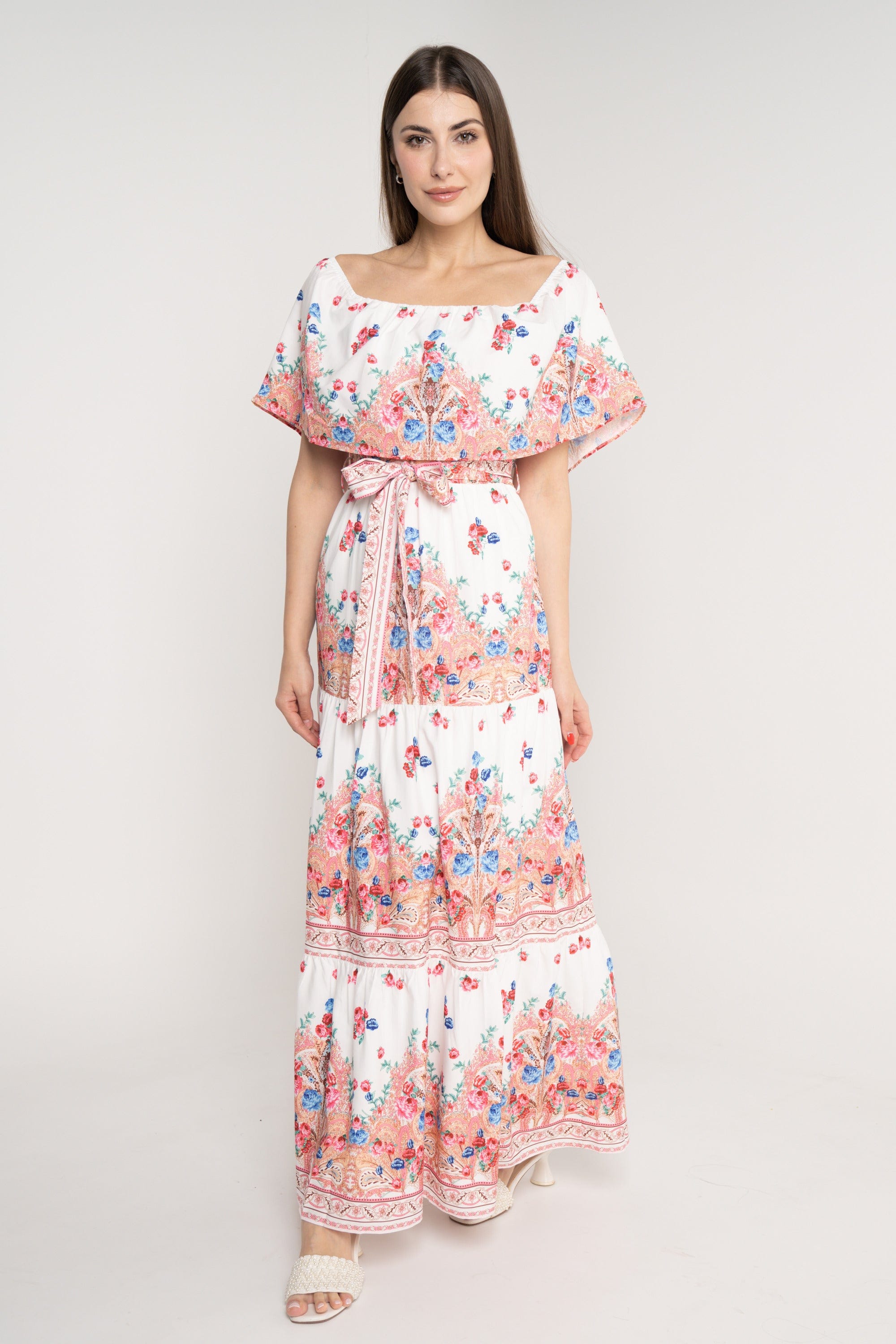 نتشي فستان ماكسي منقوش مخصر بحزام كم قصير وفتحة صدر مربعة ازرق/زهري