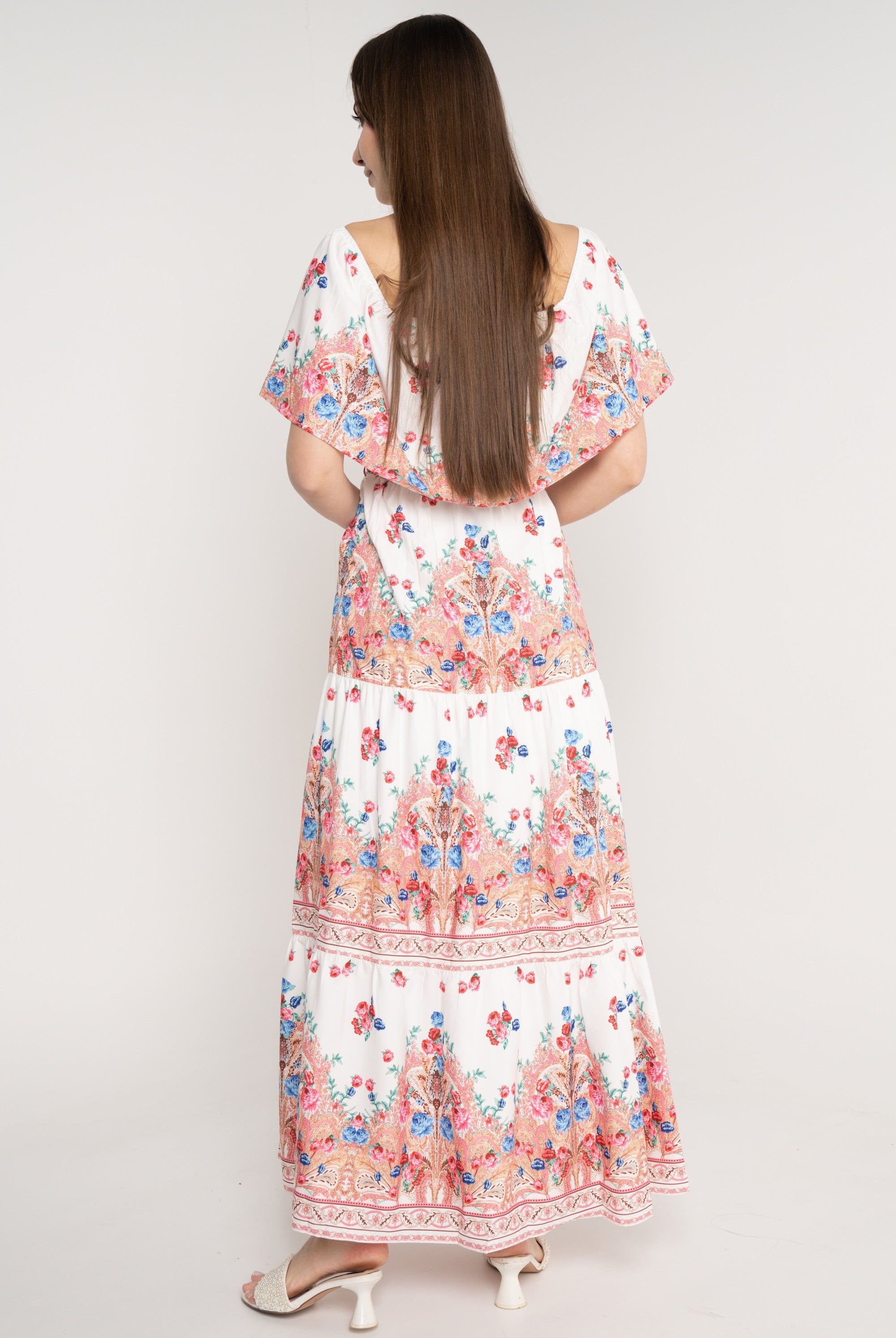 نتشي فستان ماكسي منقوش مخصر بحزام كم قصير وفتحة صدر مربعة ازرق/زهري