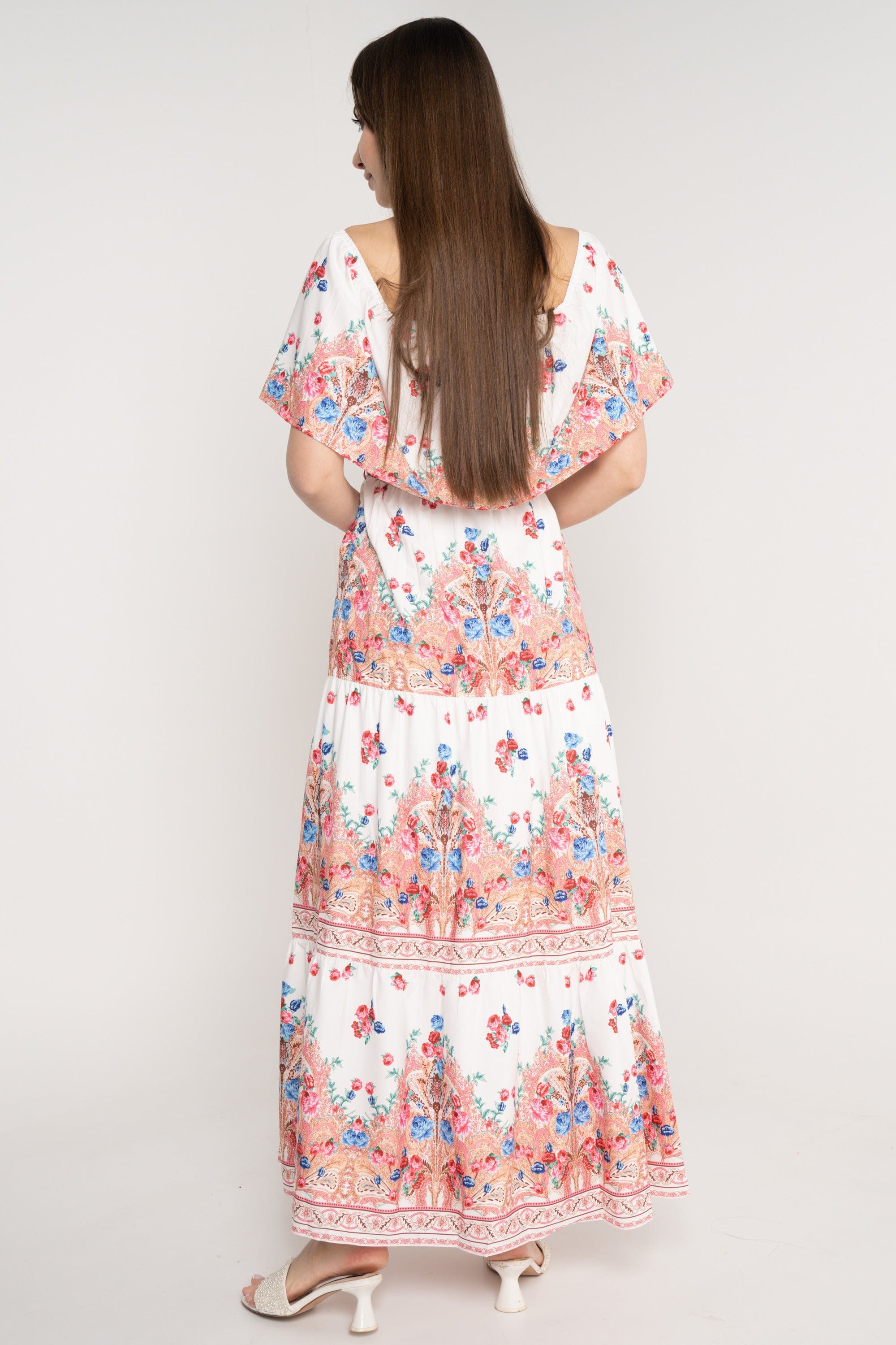 نتشي فستان ماكسي منقوش مخصر بحزام كم قصير وفتحة صدر مربعة ازرق/زهري