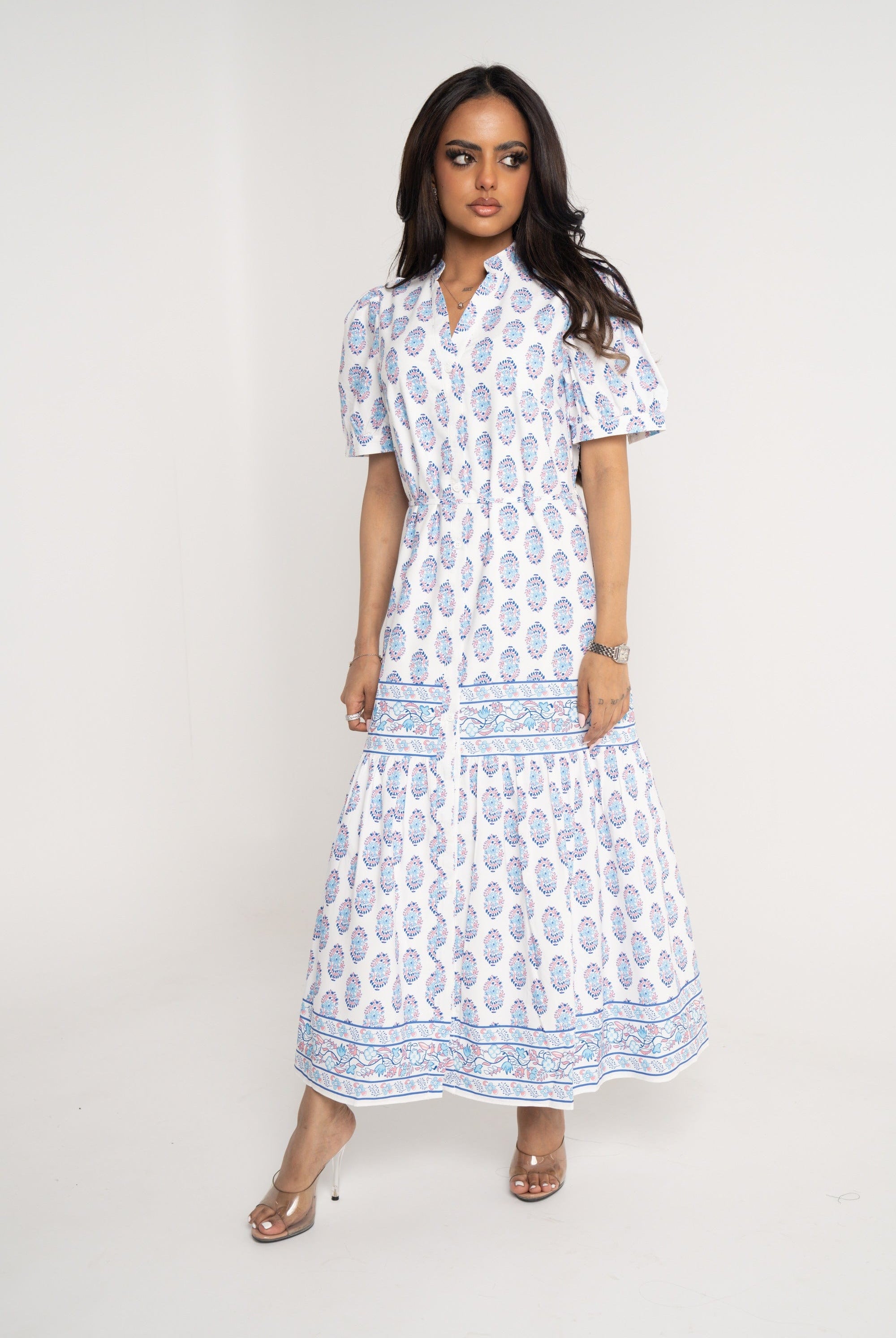 نتشي فستان ميدي منقوش واسع من أسفل نص كم بف نسائي ازرق/زهري