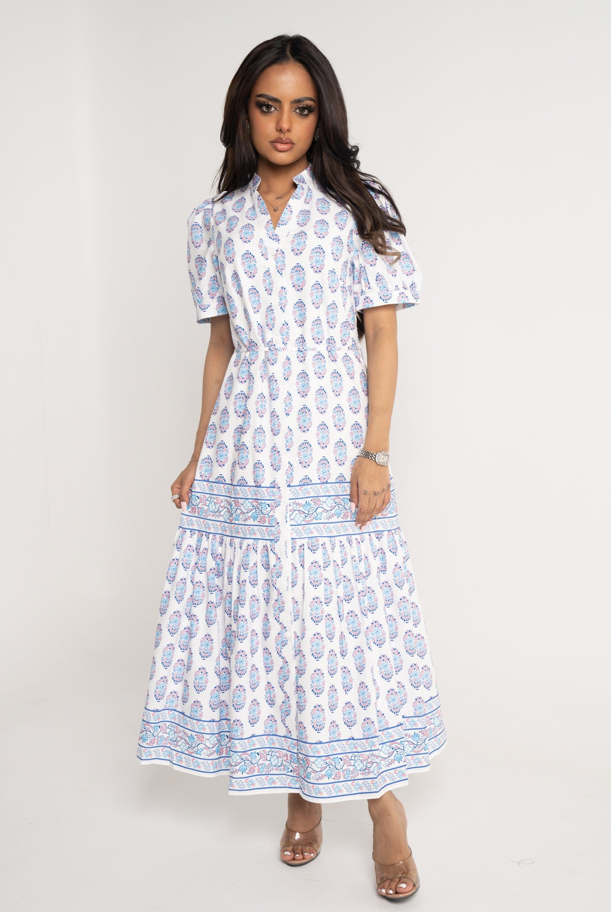 نتشي فستان ميدي منقوش واسع من أسفل نص كم بف نسائي ازرق/زهري