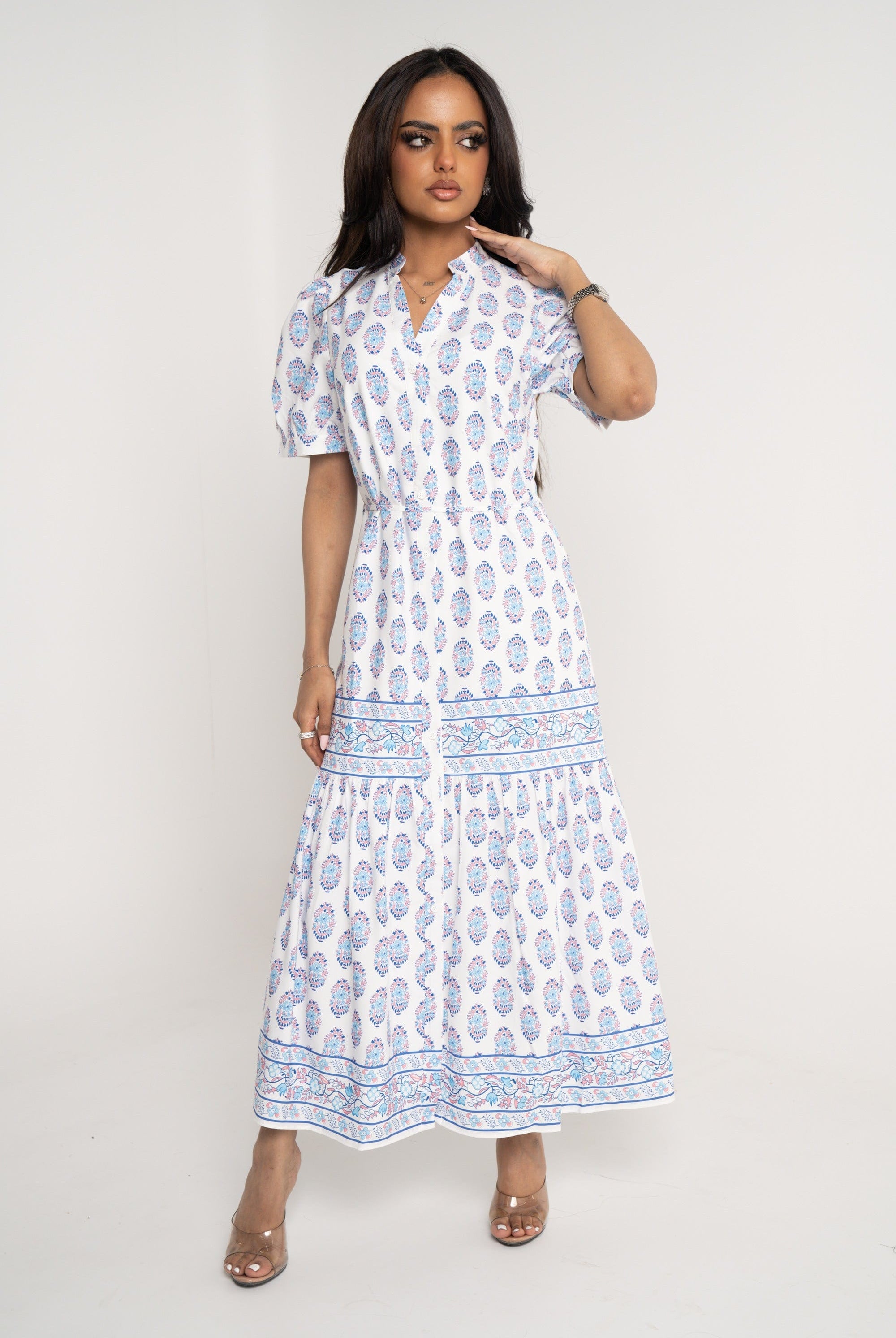 نتشي فستان ميدي منقوش واسع من أسفل نص كم بف نسائي ازرق/زهري