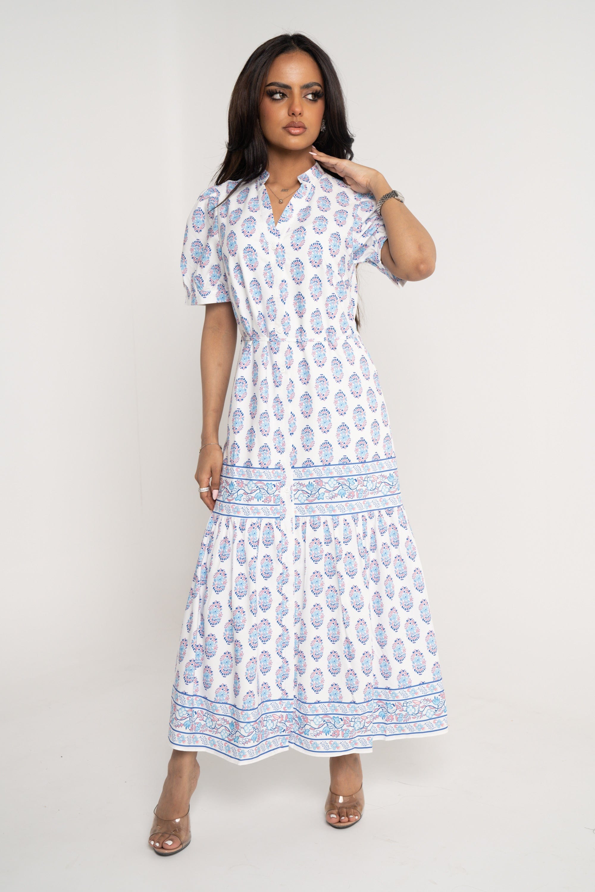 نتشي فستان ميدي منقوش واسع من أسفل نص كم بف نسائي ازرق/زهري