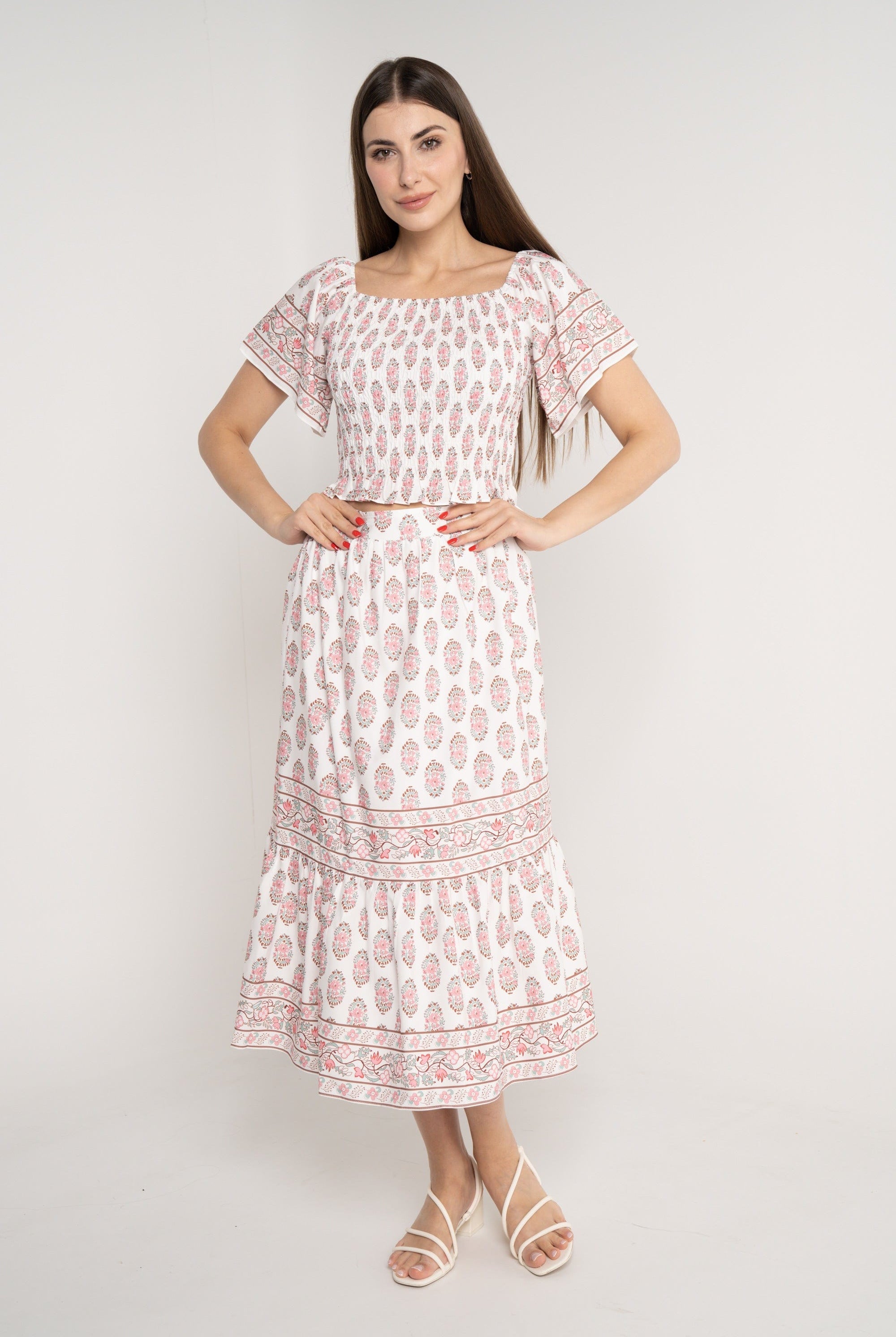 نتشي تنورة ميدي منقوشة خصر مرتفع نسائي ازرق/زهري