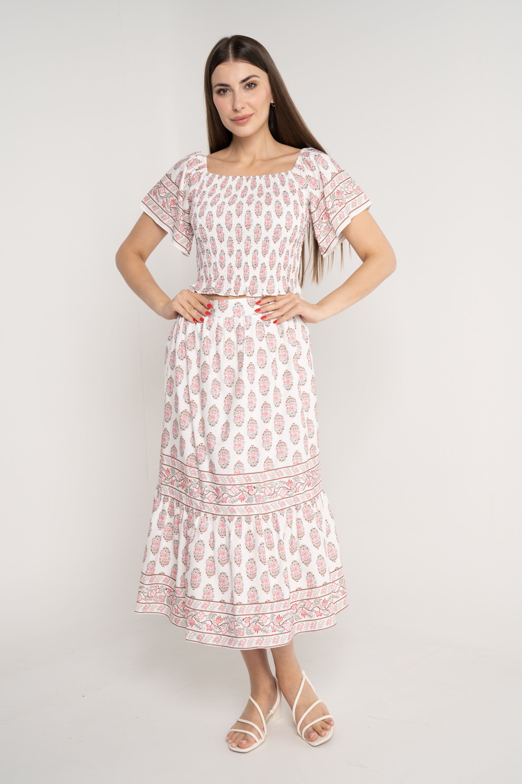 نتشي تنورة ميدي منقوشة خصر مرتفع نسائي ازرق/زهري