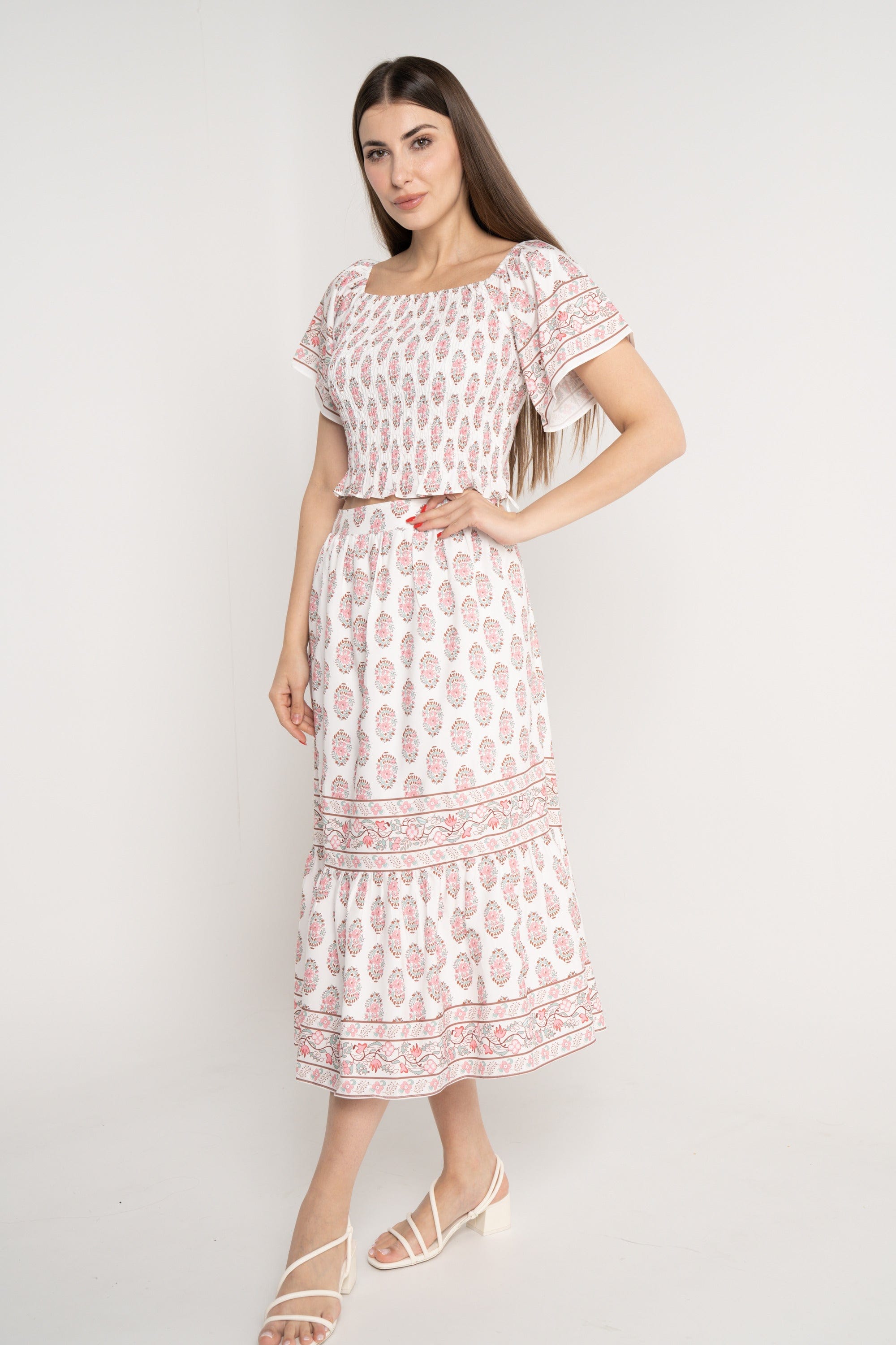 نتشي تنورة ميدي منقوشة خصر مرتفع نسائي ازرق/زهري