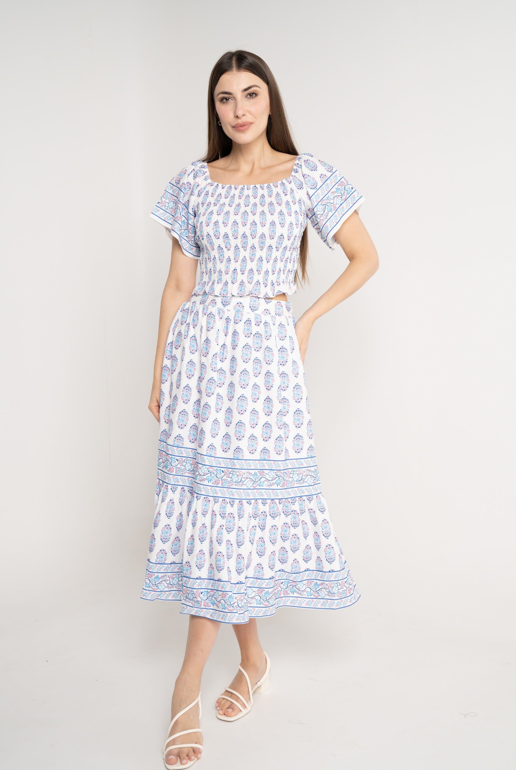 نتشي تنورة ميدي منقوشة خصر مرتفع نسائي ازرق/زهري