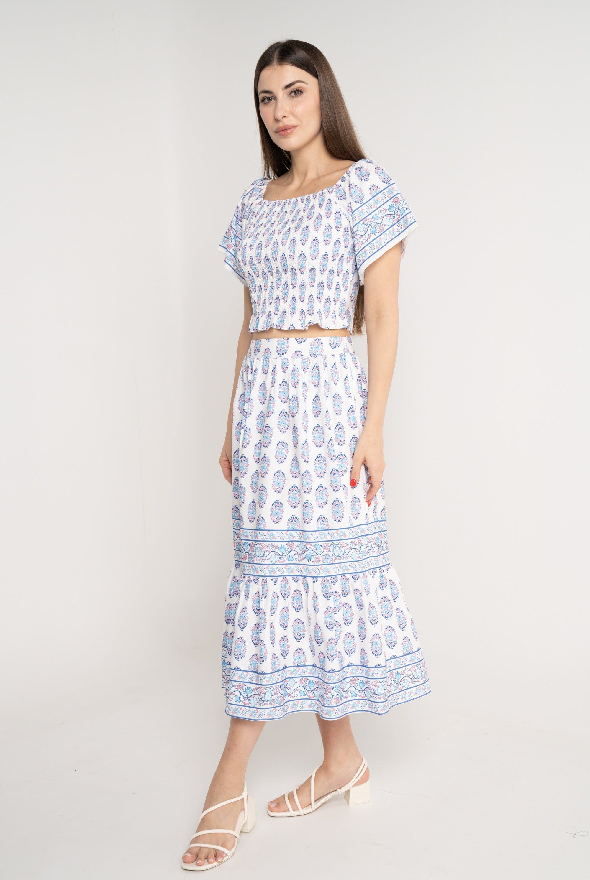 نتشي تنورة ميدي منقوشة خصر مرتفع نسائي ازرق/زهري