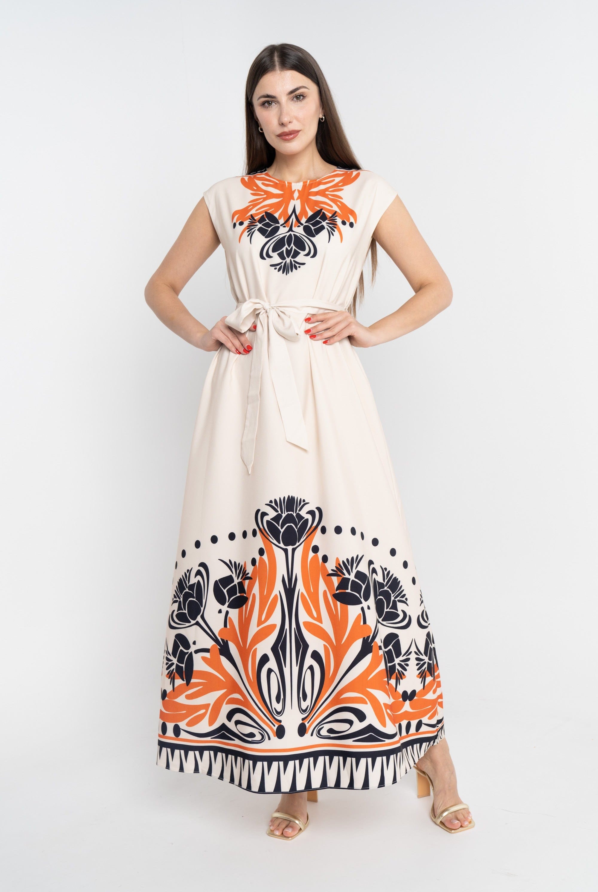 نتشي فستان منقوش من أسفل بحزام على الخصر كت نسائي