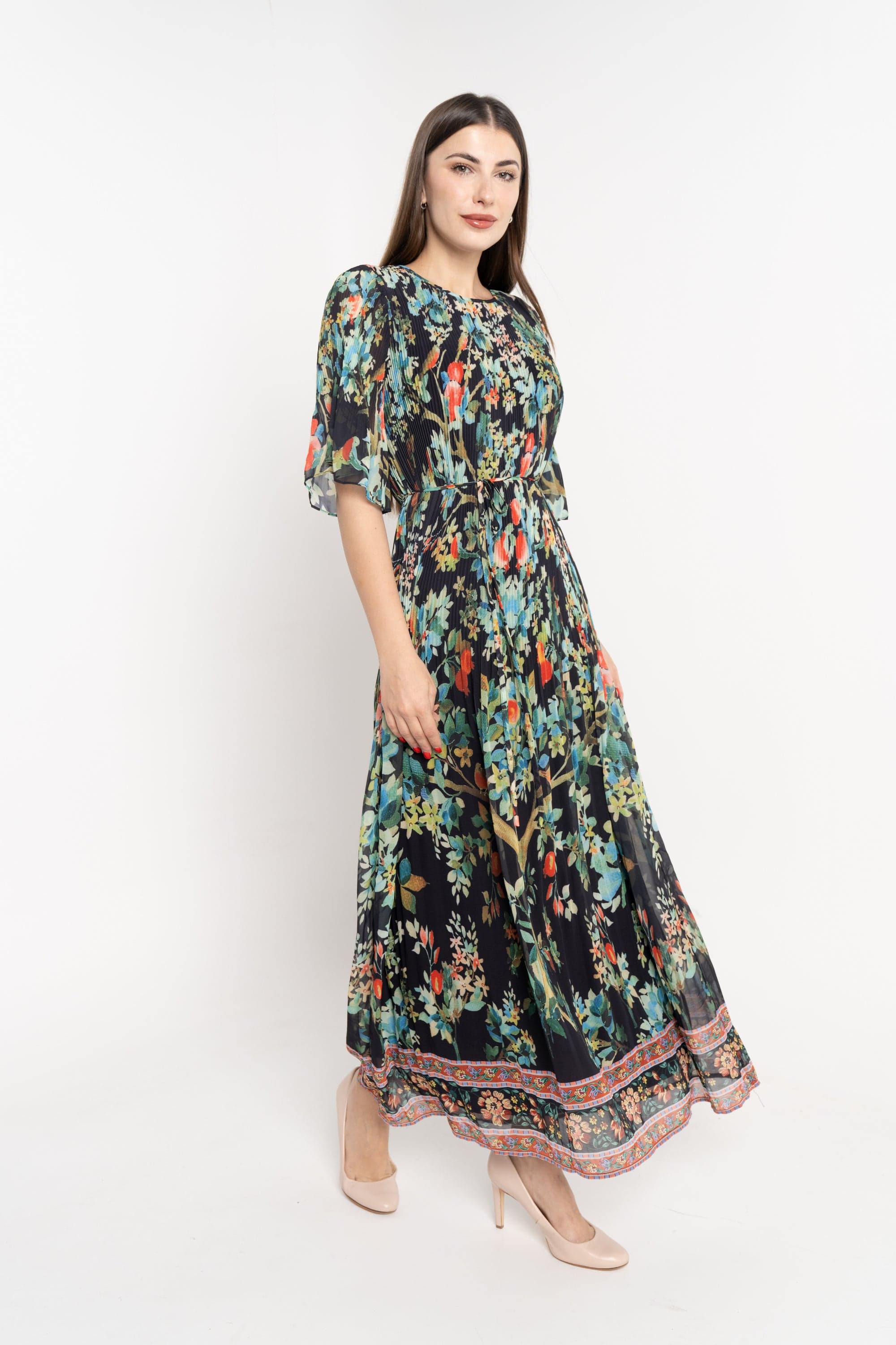 نتشي فستان مخصر منقوش نص كم واسع فراشة