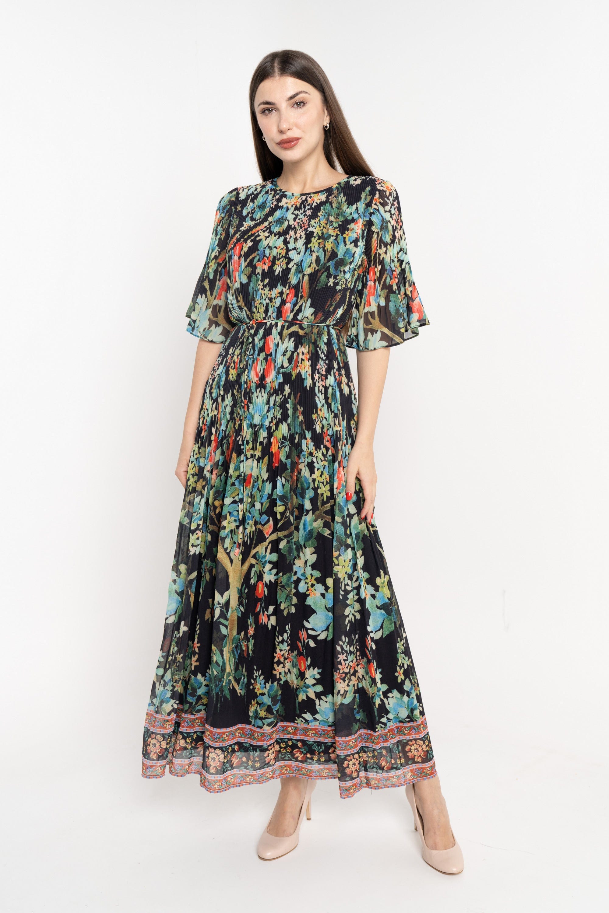 نتشي فستان مخصر منقوش نص كم واسع فراشة