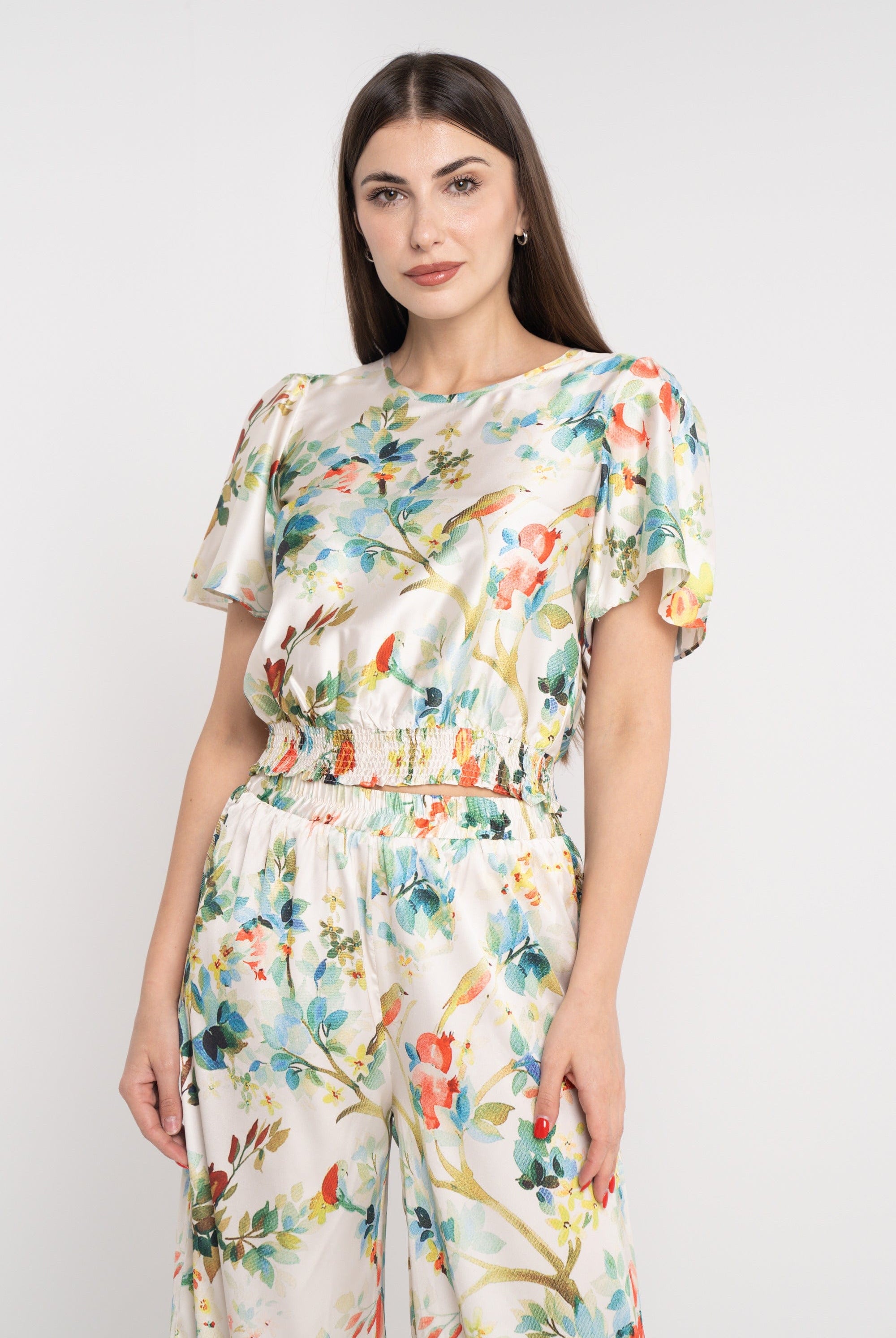 نتشي بلوزة مشجرة خصر مرتفع نص كم واسع نسائي