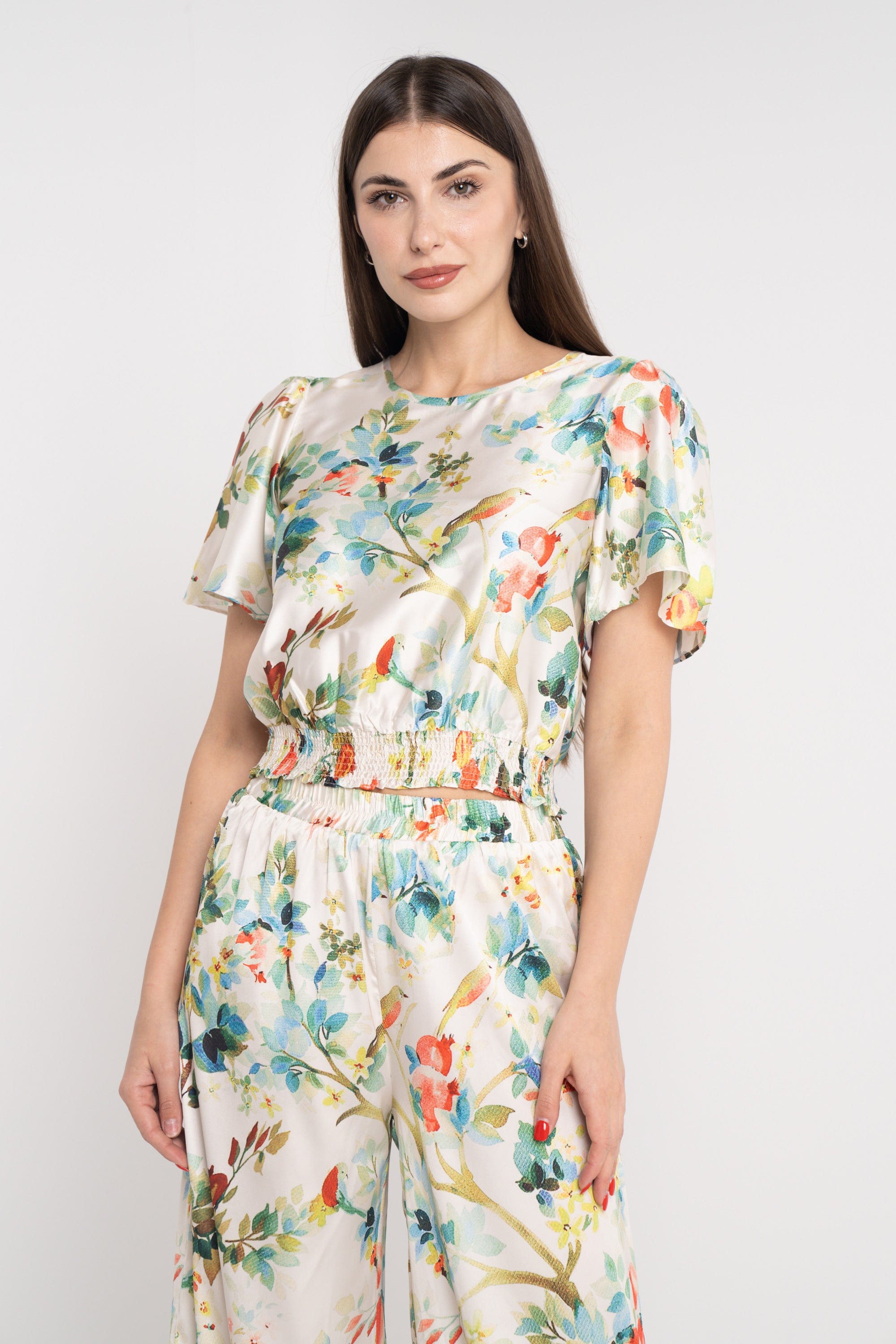 نتشي بلوزة مشجرة خصر مرتفع نص كم واسع نسائي