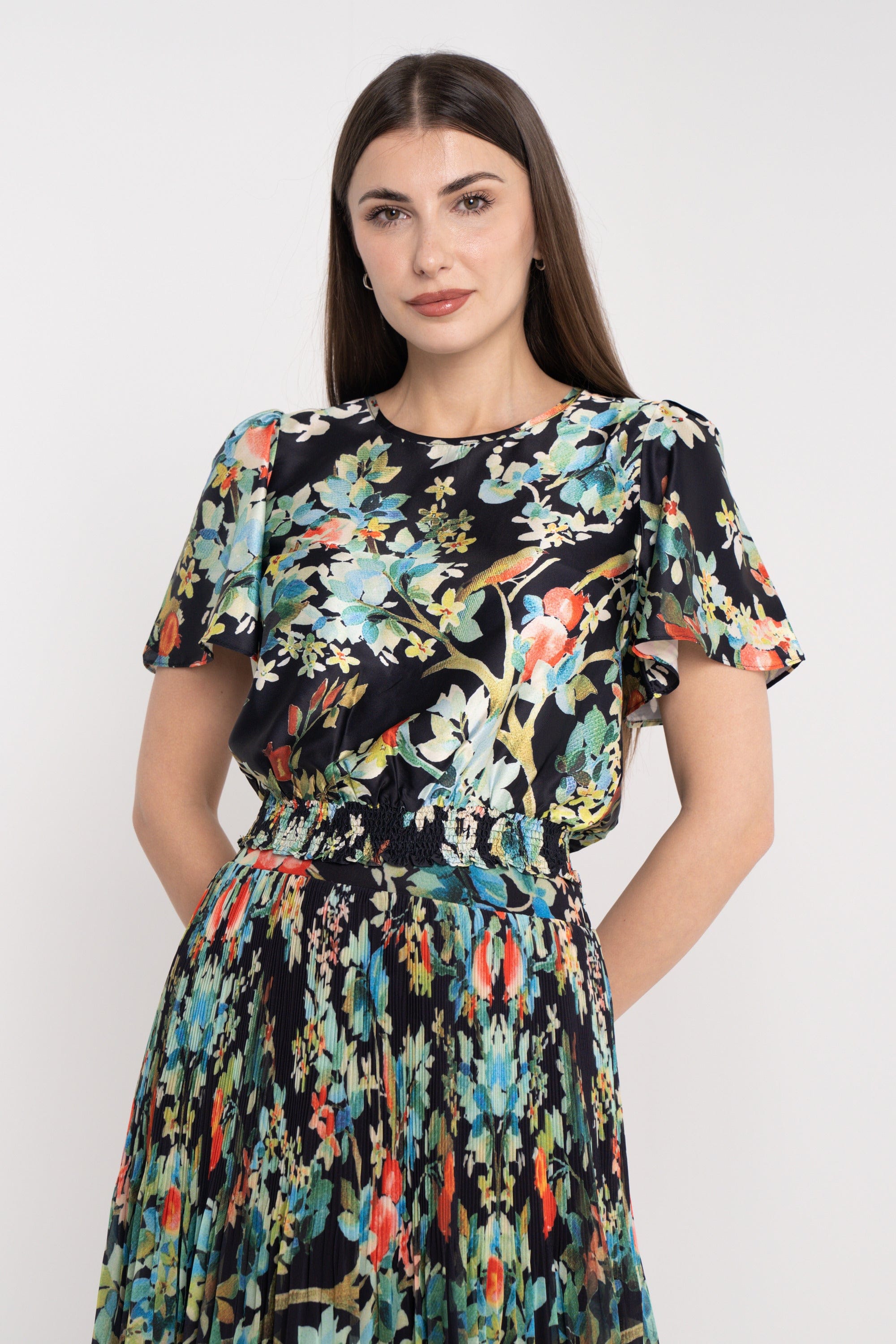 نتشي بلوزة مشجرة خصر مرتفع نص كم واسع نسائي