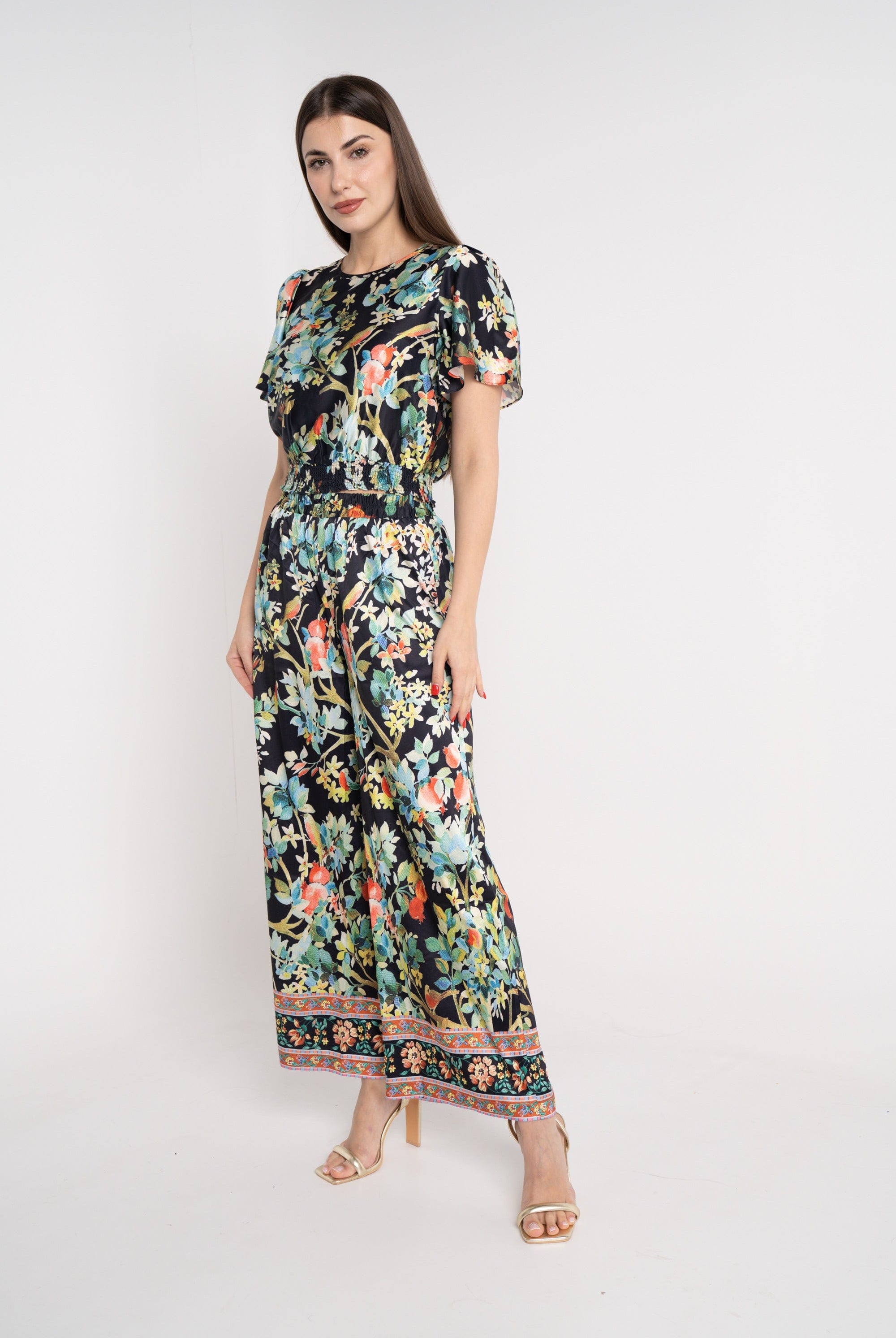 نتشي بنطلون مشجر واسع طويل بخصر مرتفع