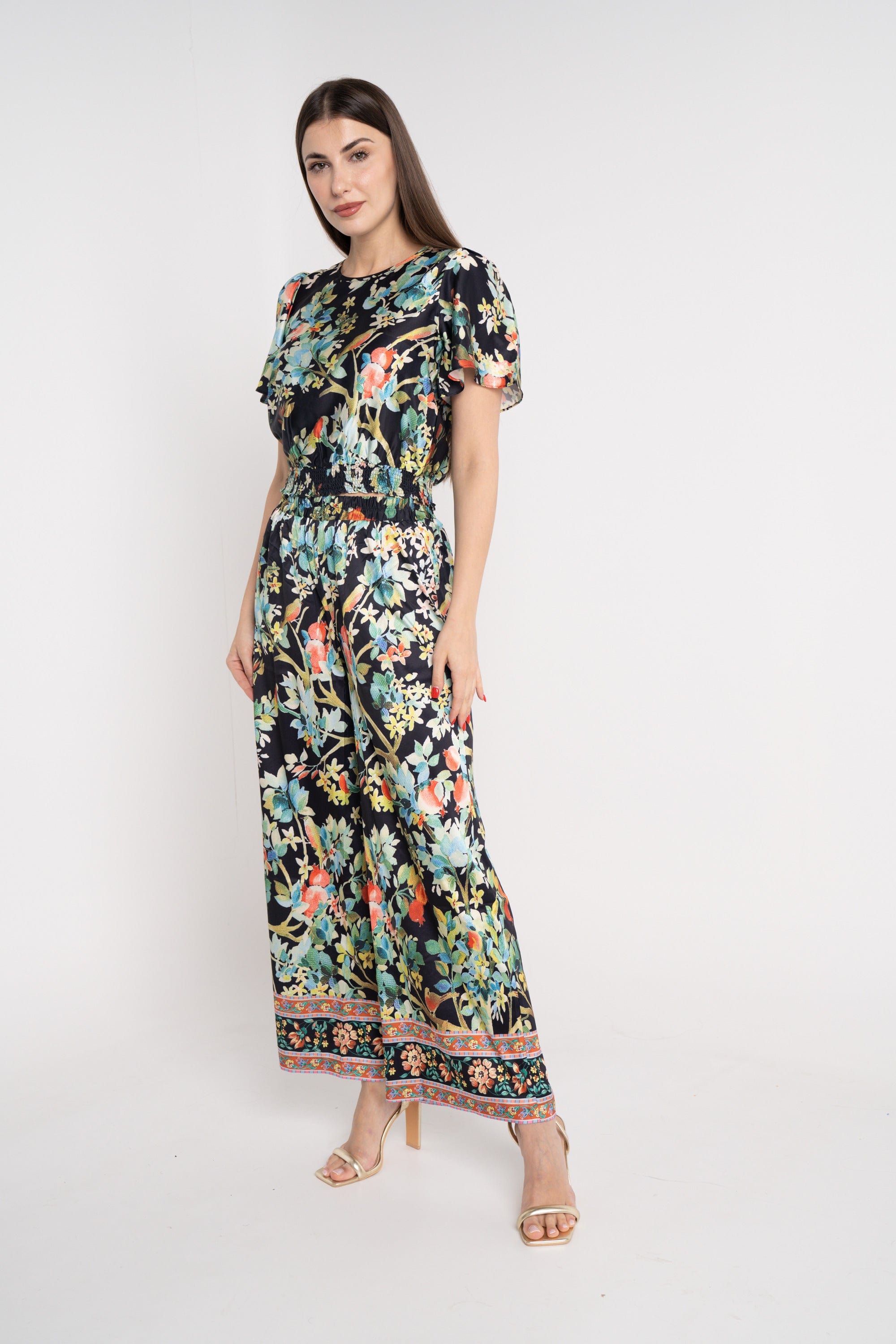 نتشي بنطلون مشجر واسع طويل بخصر مرتفع