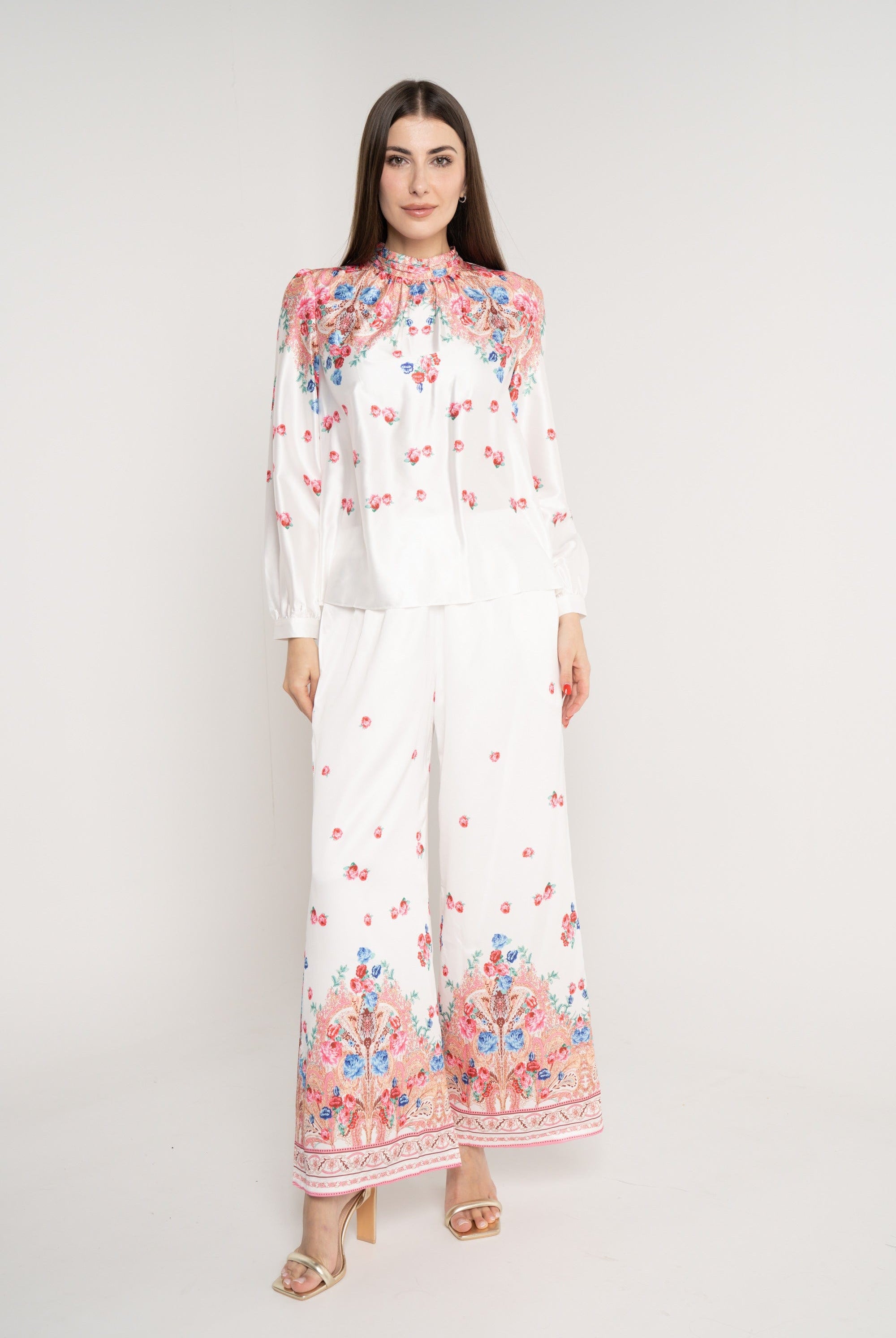 نتشي بنطلون منقوش واسع طويل نسائي ازرق/زهري