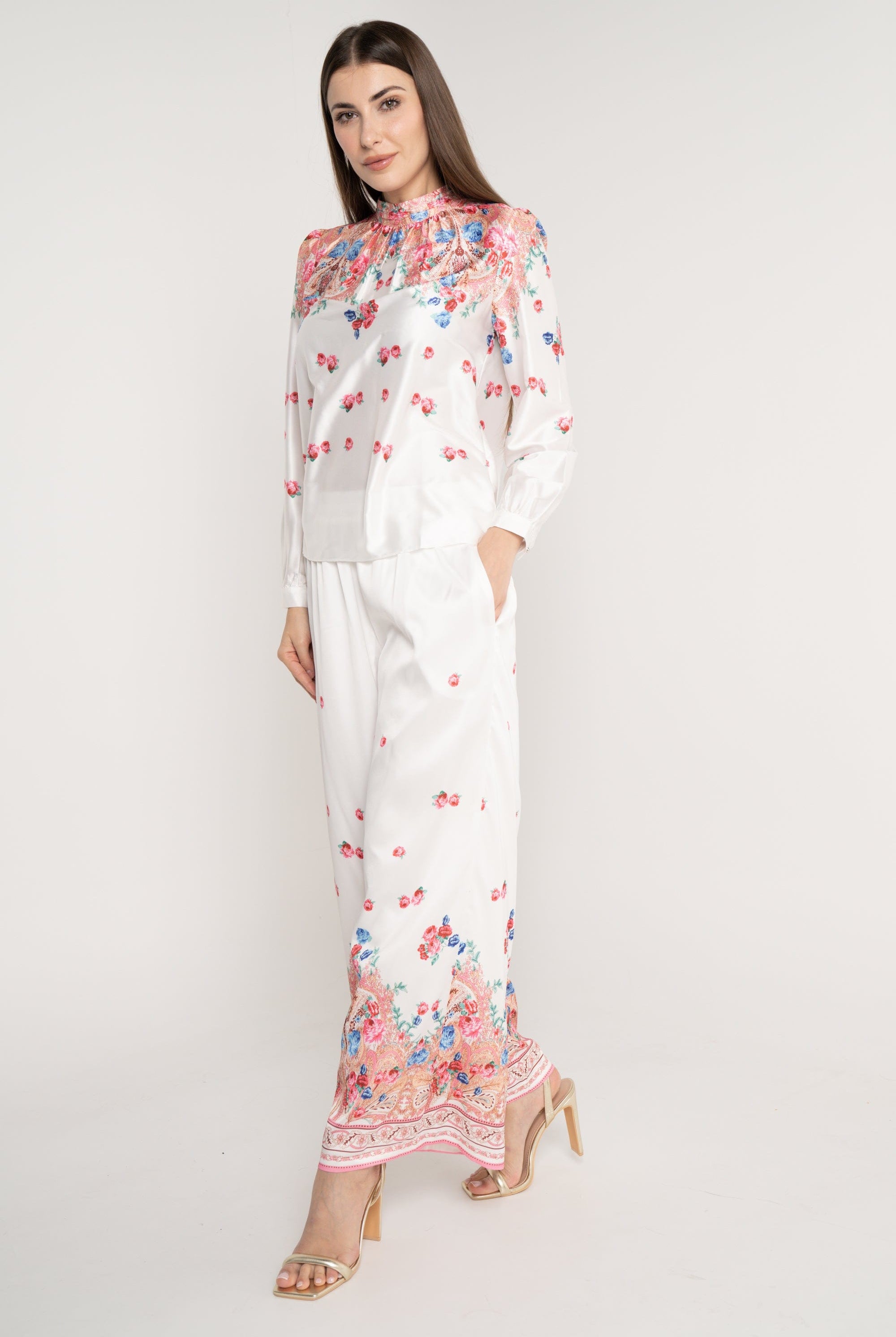 نتشي بلوزة مشجرة من أعلى كم طويل بأساور نسائي ازرق/زهري