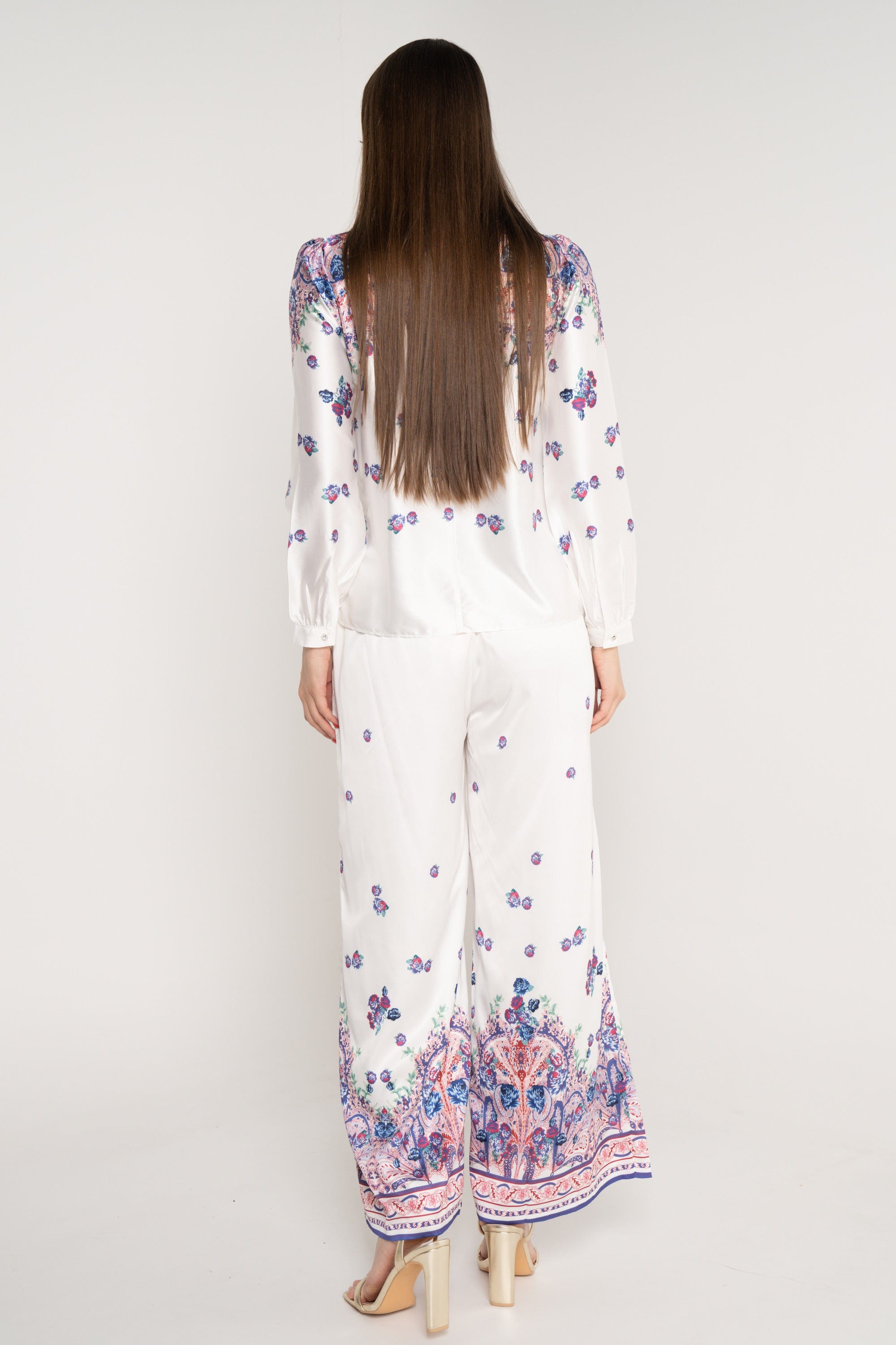 نتشي بنطلون منقوش واسع طويل نسائي ازرق/زهري