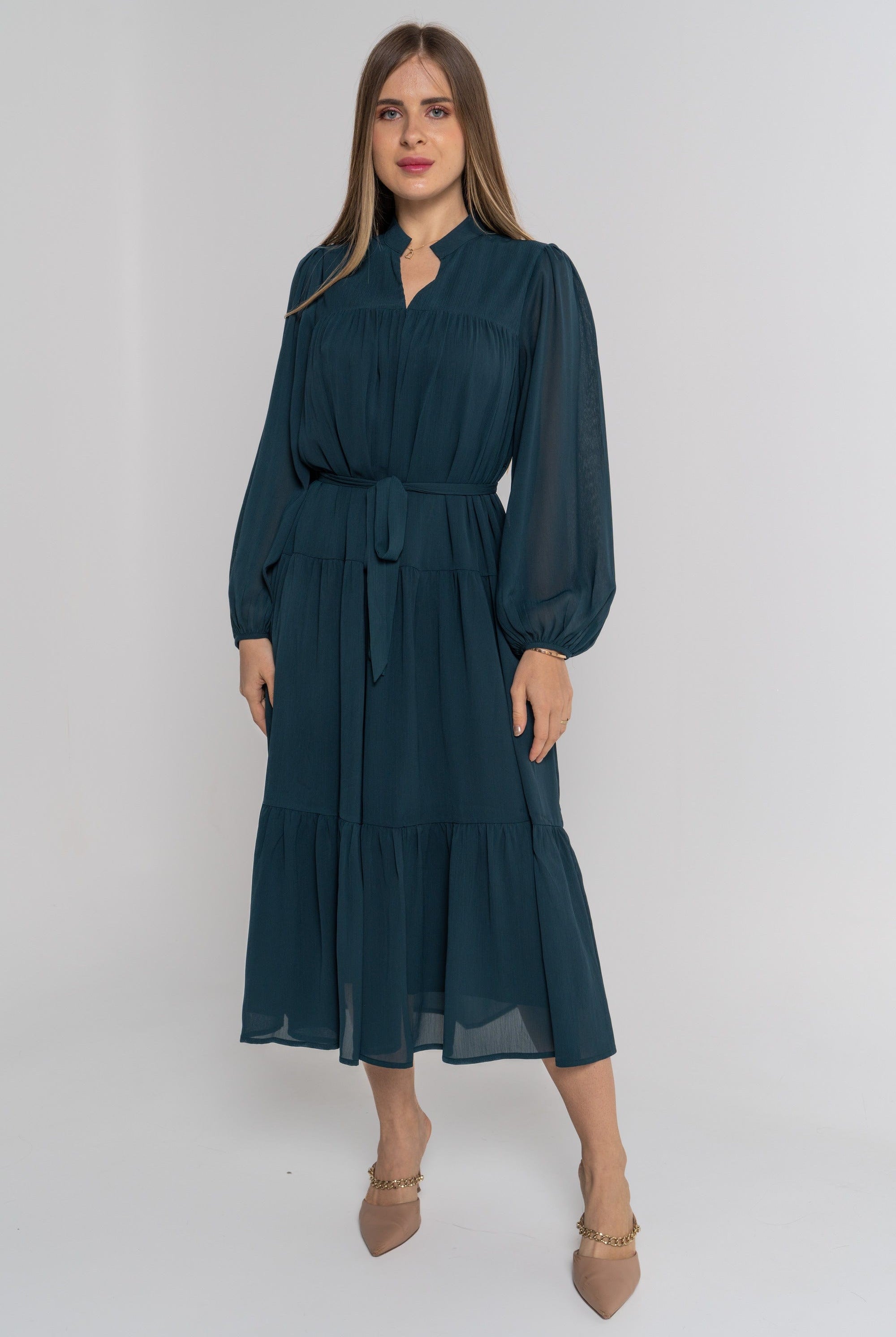 نتشي فستان سادة برباط ميدي بأكمام طويلة