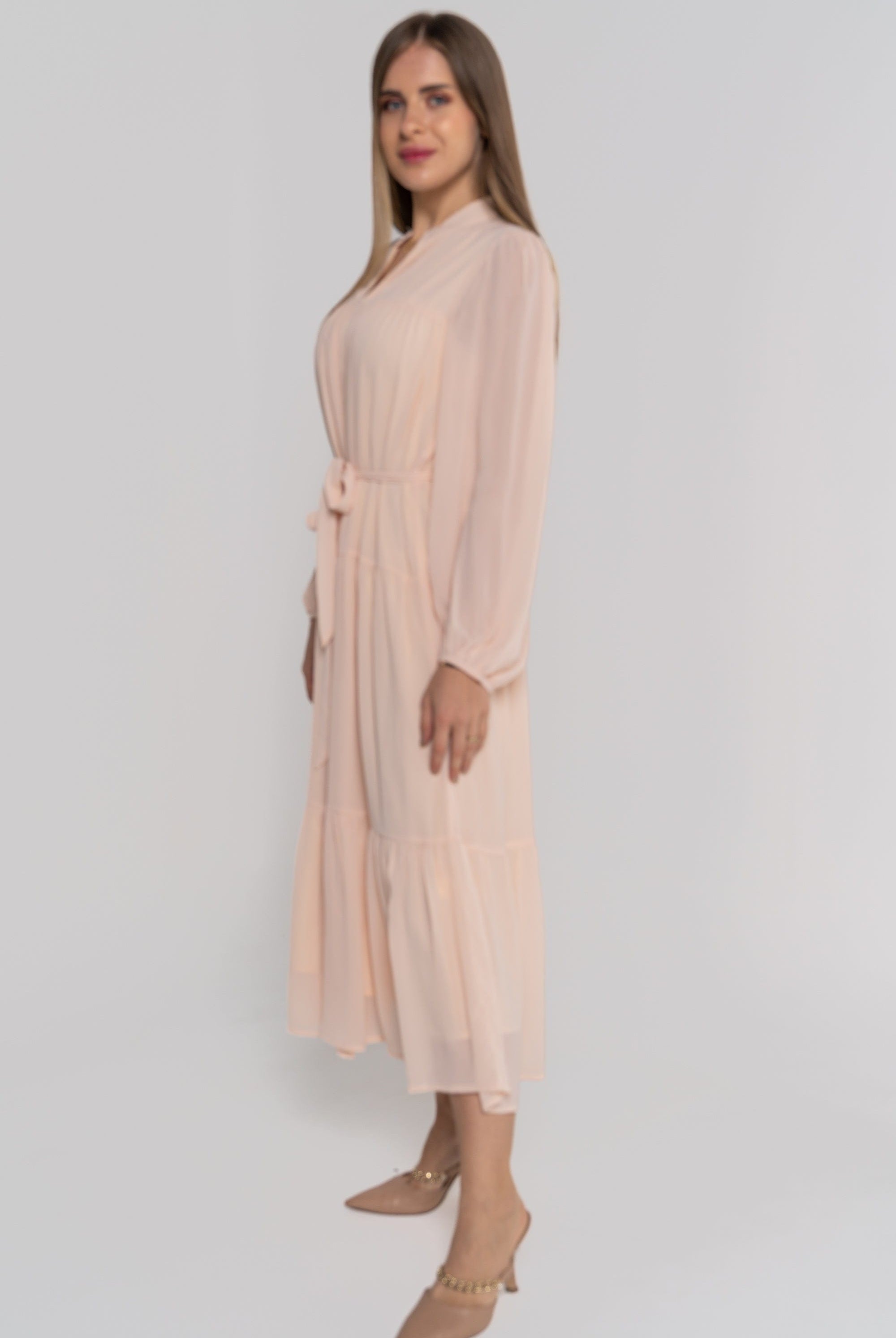 نتشي فستان سادة برباط ميدي بأكمام طويلة