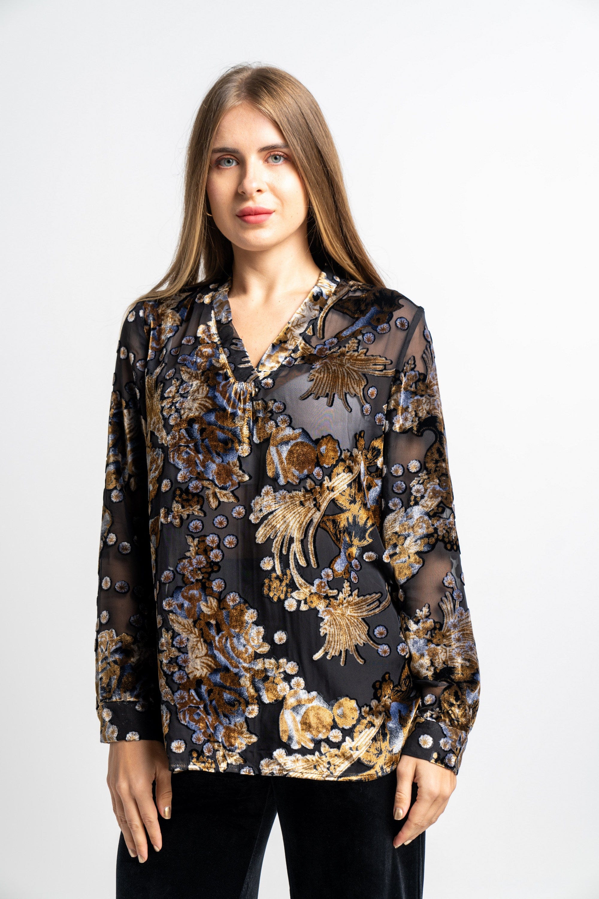 نتشي بلوزة منقوشة بنقشة ورد كم طويل نسائية برتقالي