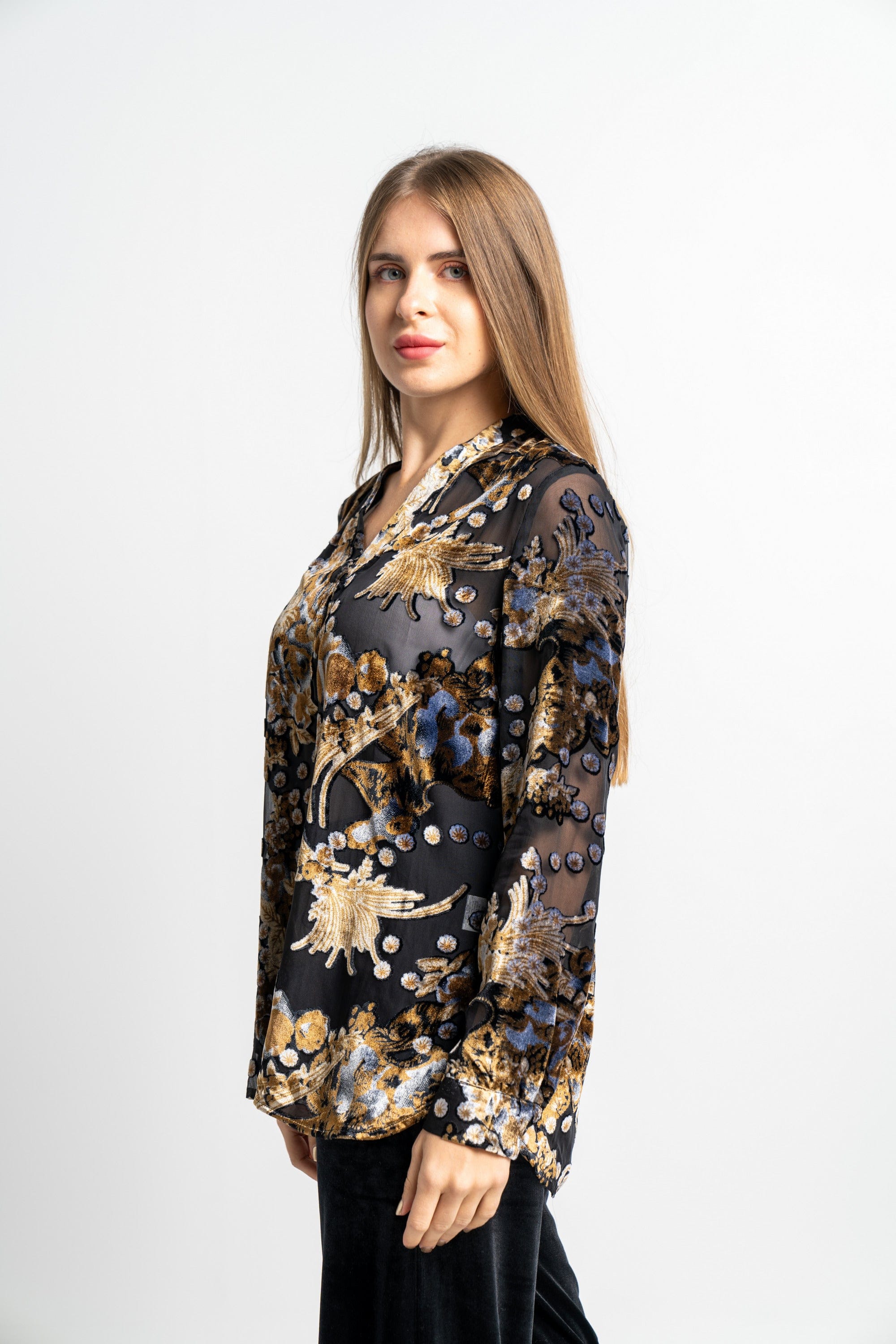 نتشي بلوزة منقوشة بنقشة ورد كم طويل نسائية برتقالي