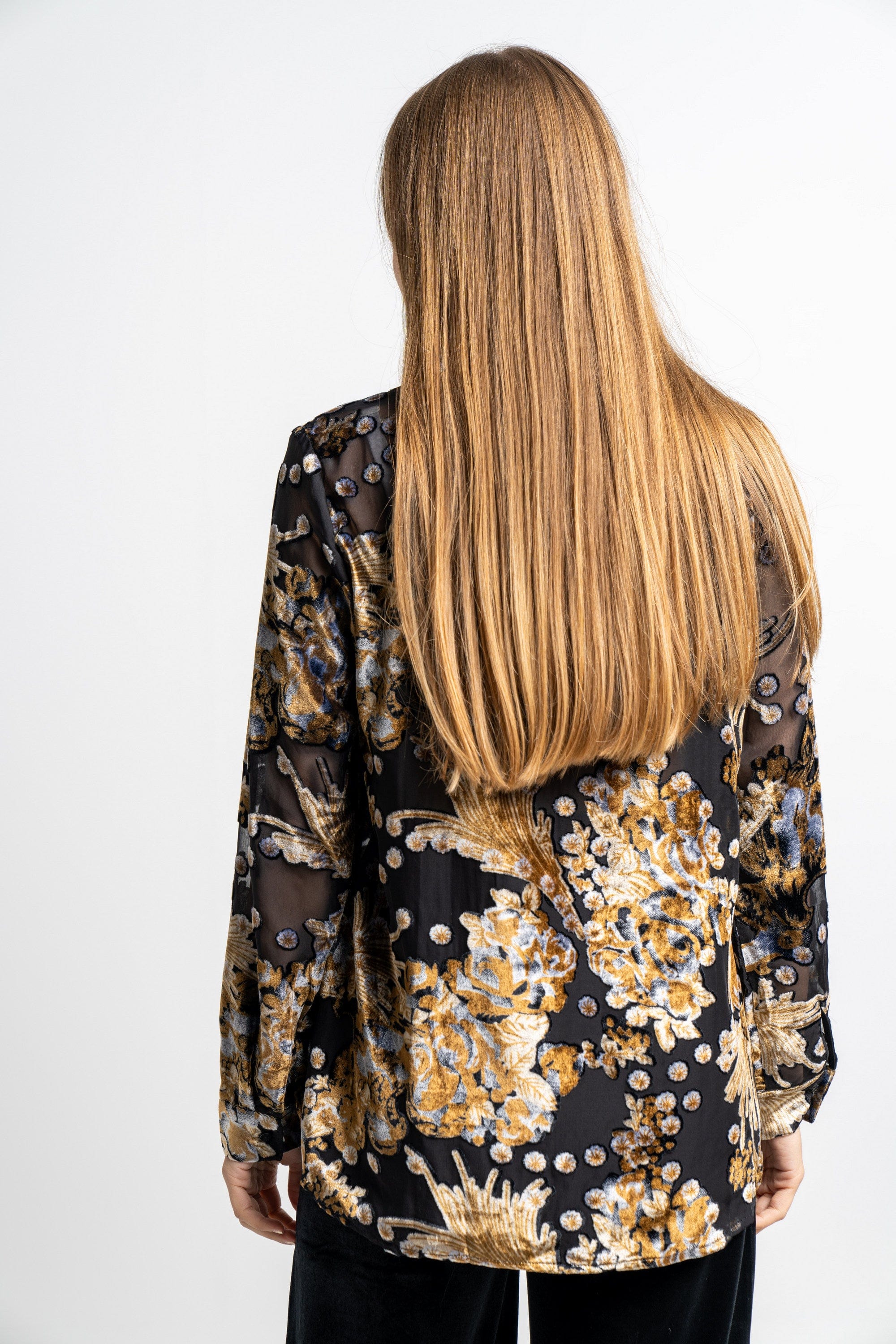 نتشي بلوزة منقوشة بنقشة ورد كم طويل نسائية برتقالي