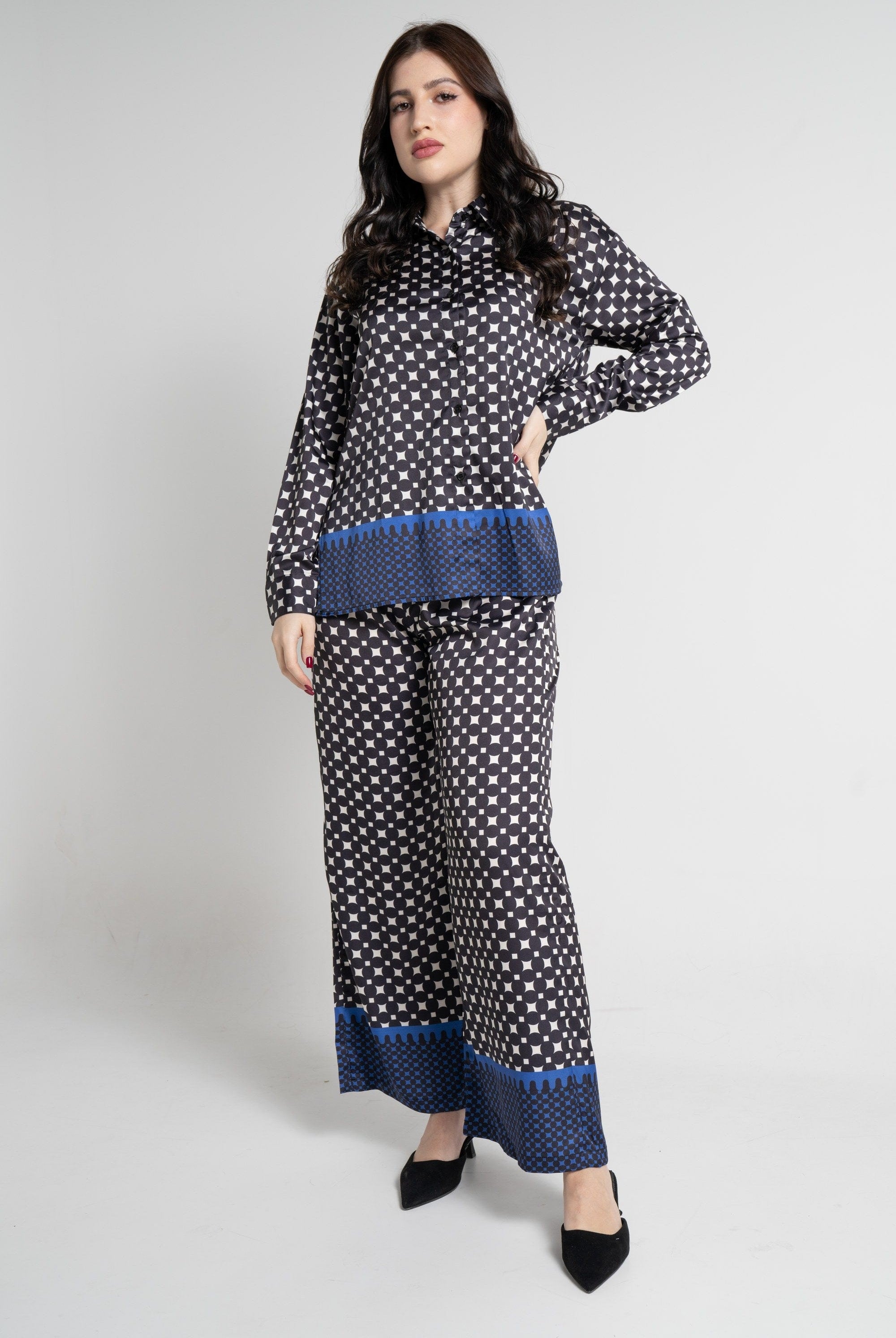 نتشي بنطلون طويل بنقشة رسمية نسائي أزرق