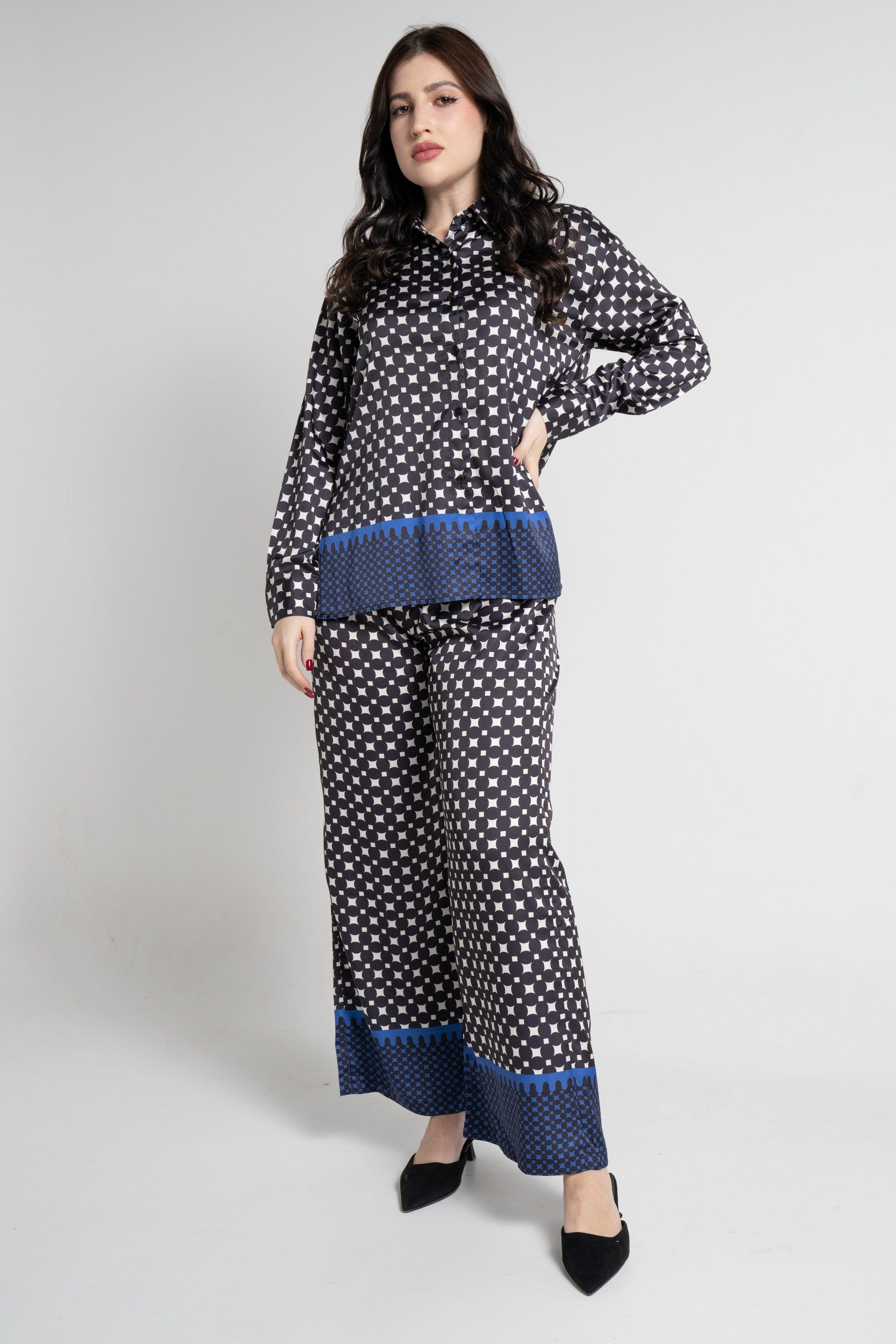 نتشي بنطلون طويل بنقشة رسمية نسائي أزرق