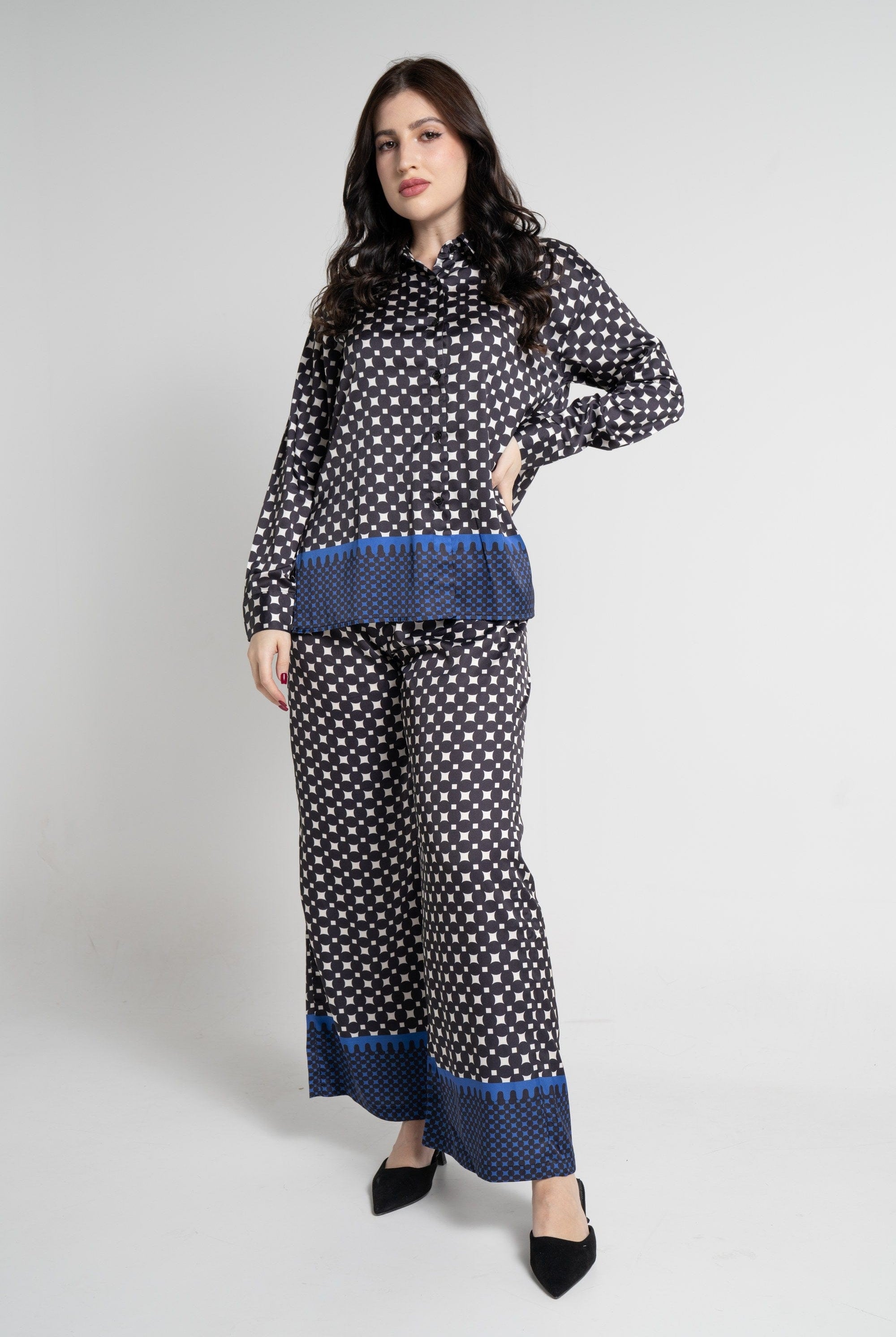 نتشي بنطلون طويل بنقشة رسمية نسائي أزرق