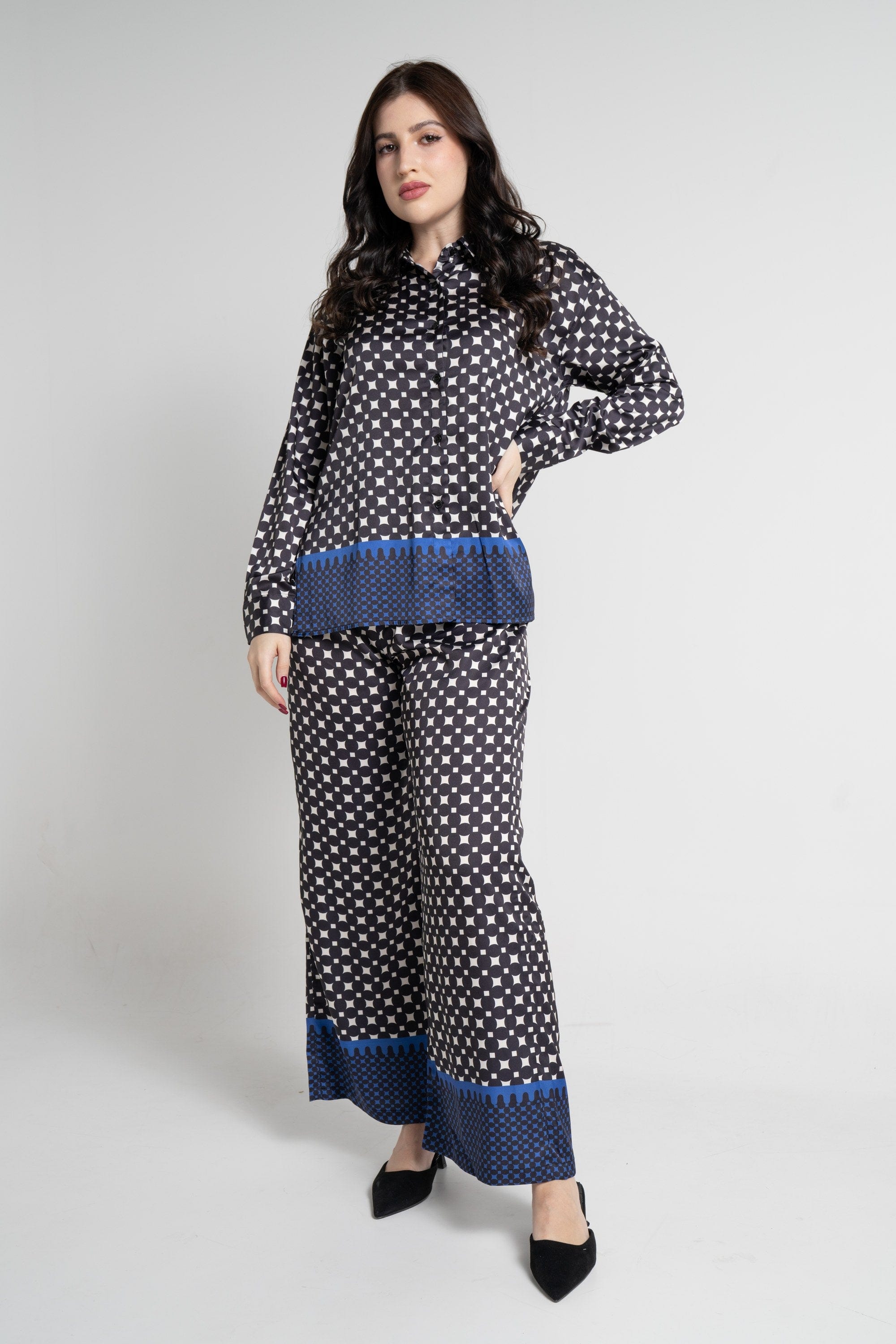 نتشي بنطلون طويل بنقشة رسمية نسائي أزرق