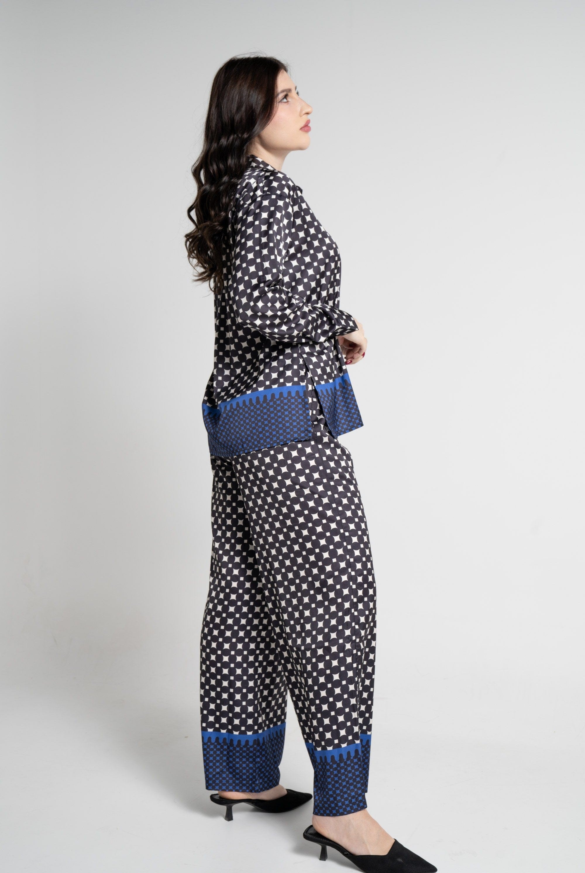 نتشي بنطلون طويل بنقشة رسمية نسائي أزرق