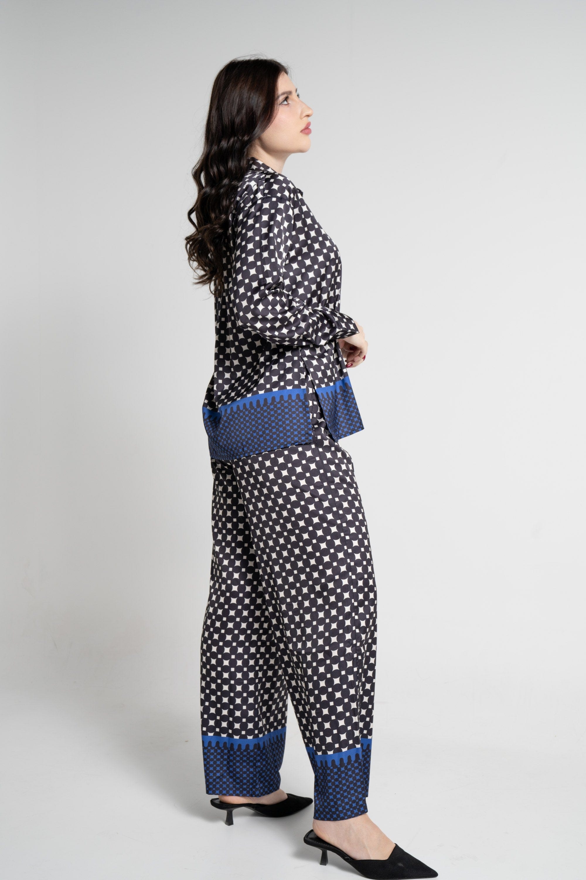 نتشي بنطلون طويل بنقشة رسمية نسائي أزرق