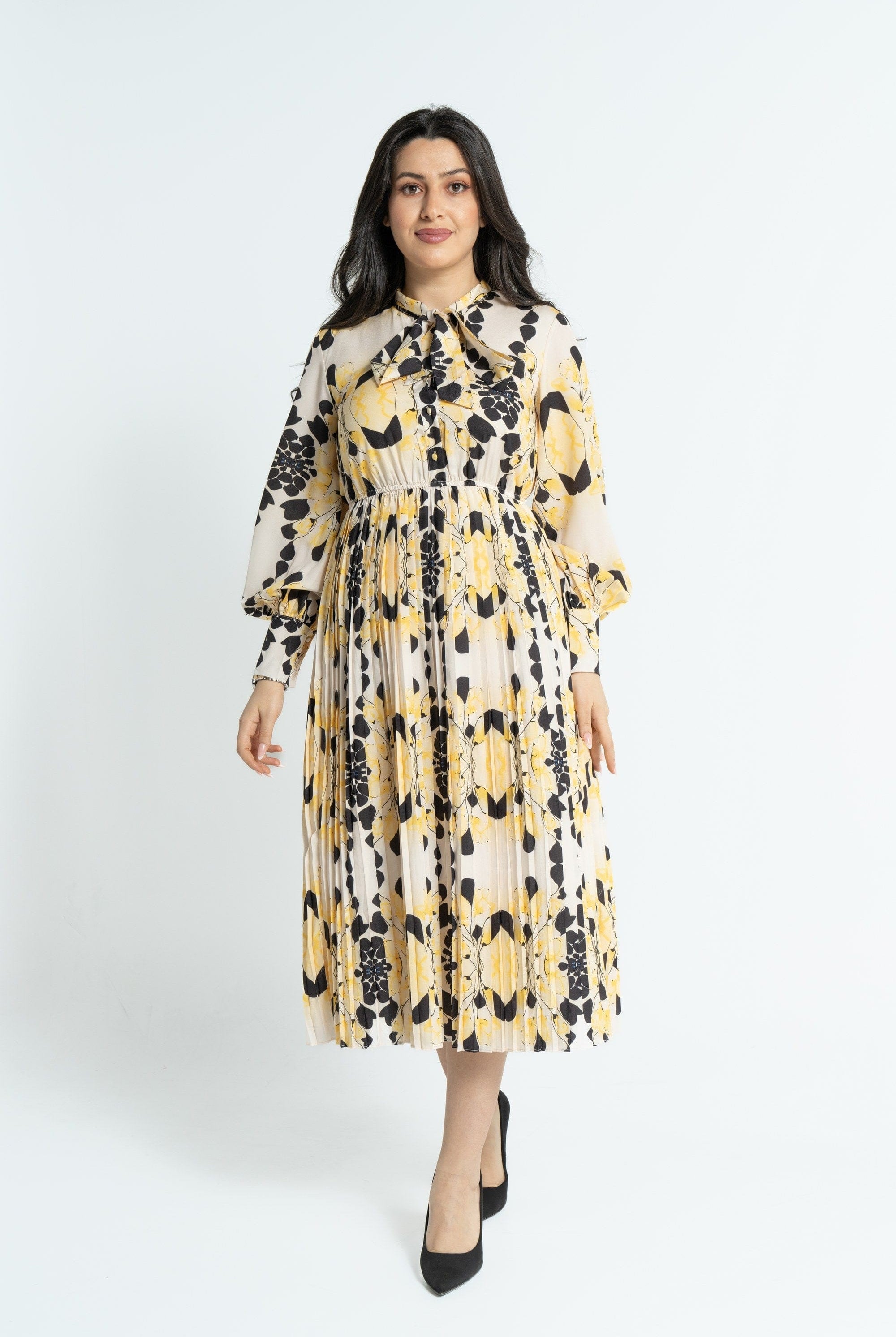 نتشي فستان ميدي بأكمام طويلة منقوش مخصر نسائي