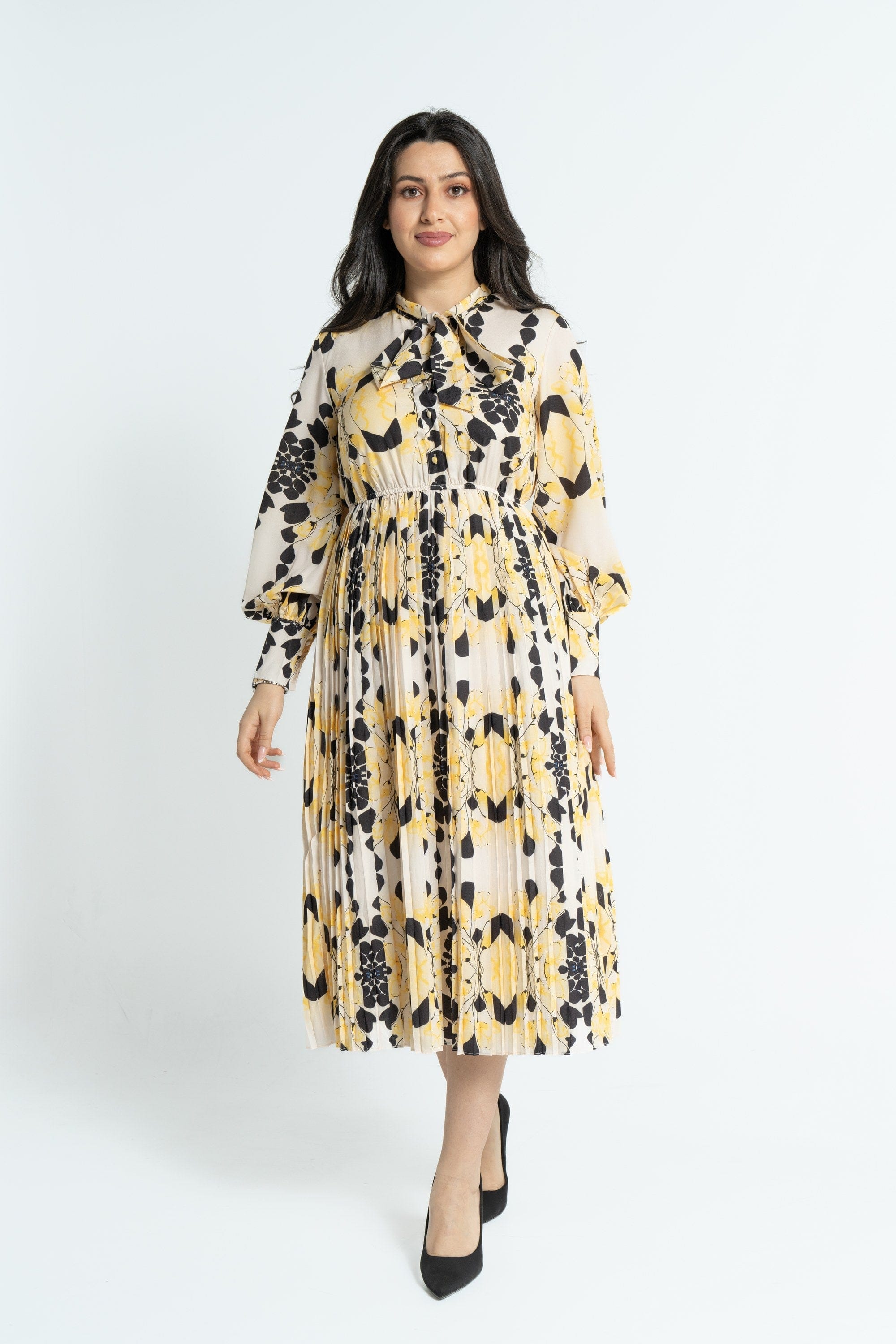 نتشي فستان ميدي بأكمام طويلة منقوش مخصر نسائي