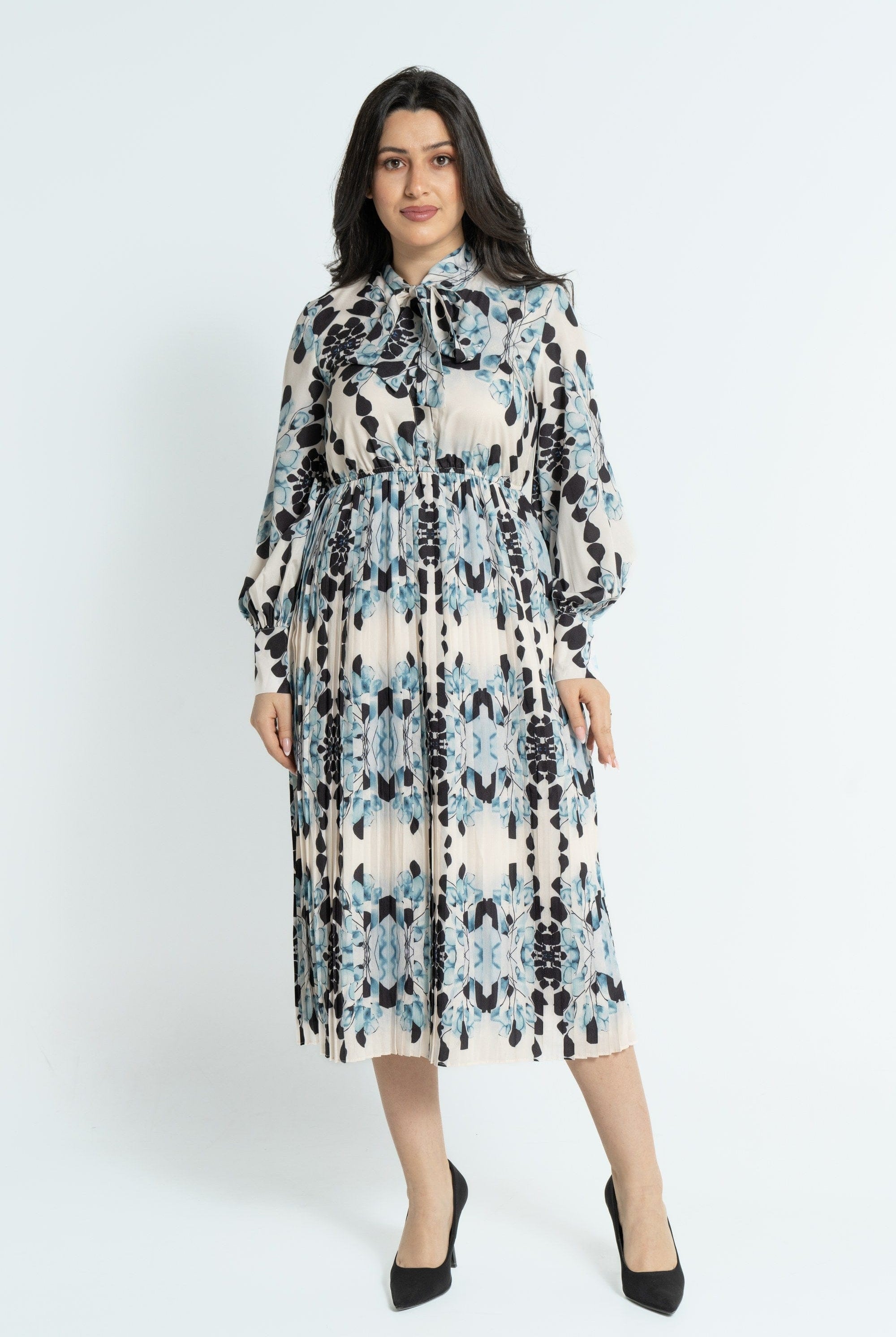 نتشي فستان ميدي بأكمام طويلة منقوش مخصر نسائي