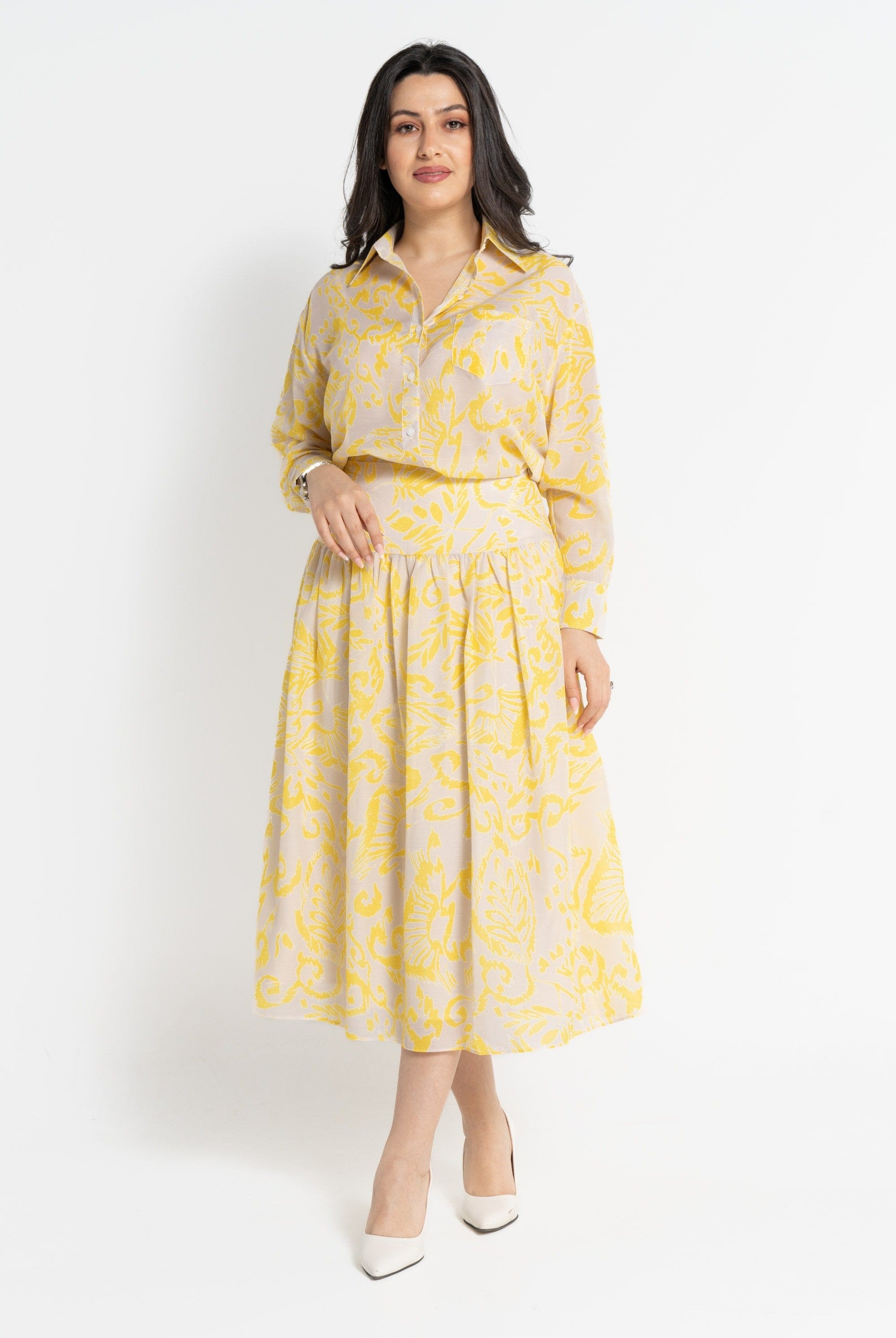 نتشي قميص بأكمام طويلة نسائي منقوش بأزرار أمامية