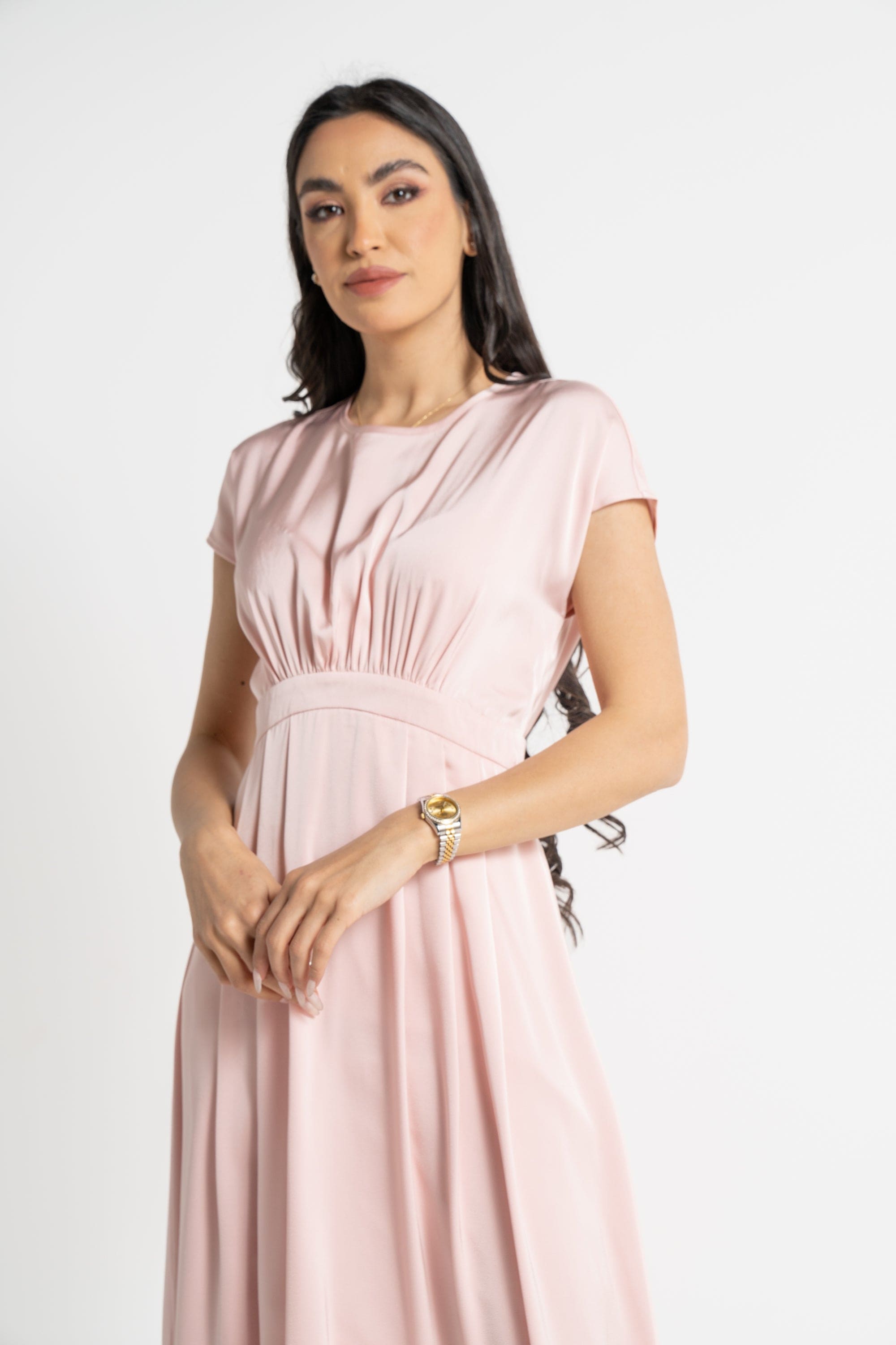 نتشي فستان ميدي بأكمام قصيرة سادة مخصر نسائي وردي