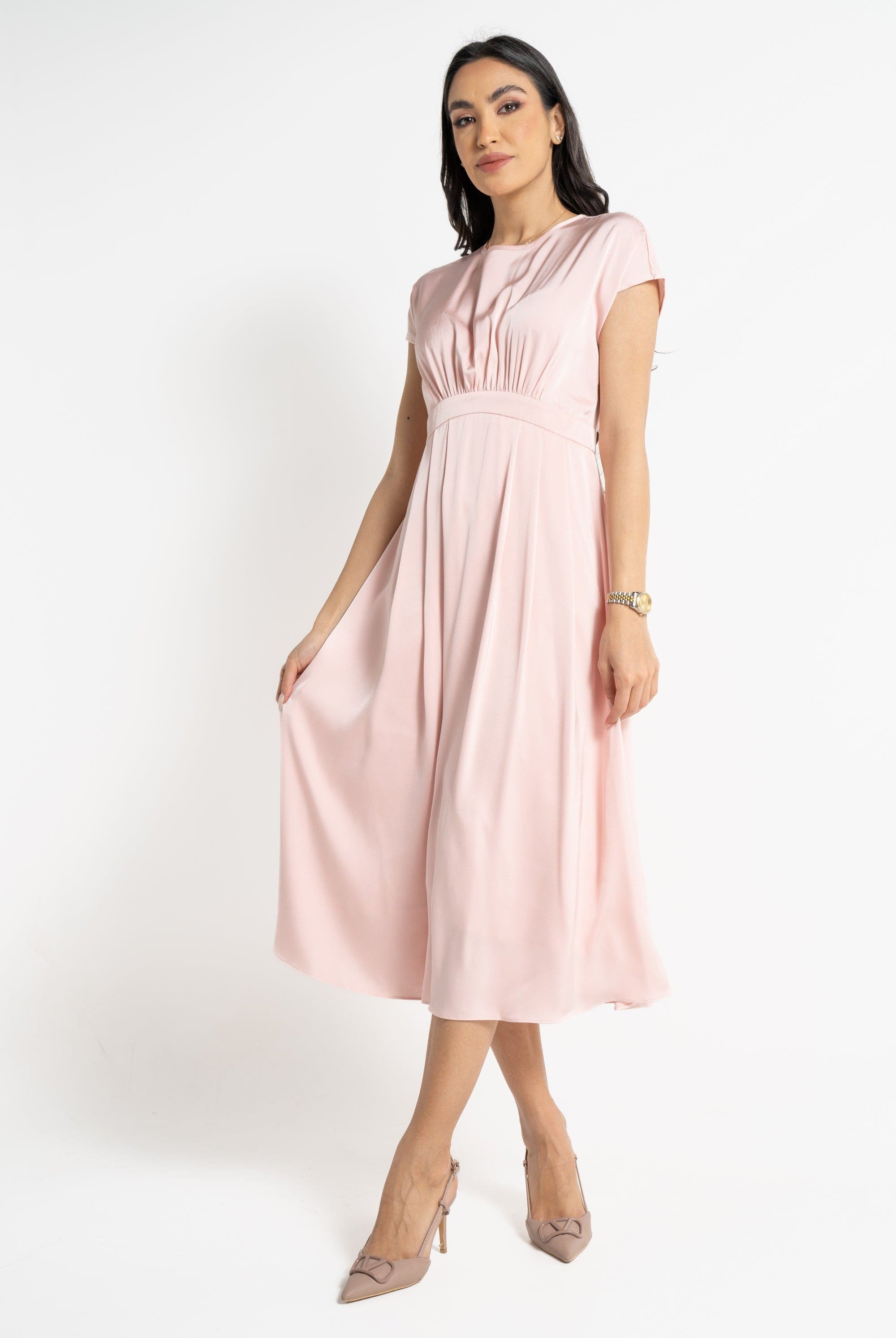 نتشي فستان ميدي بأكمام قصيرة سادة مخصر نسائي وردي